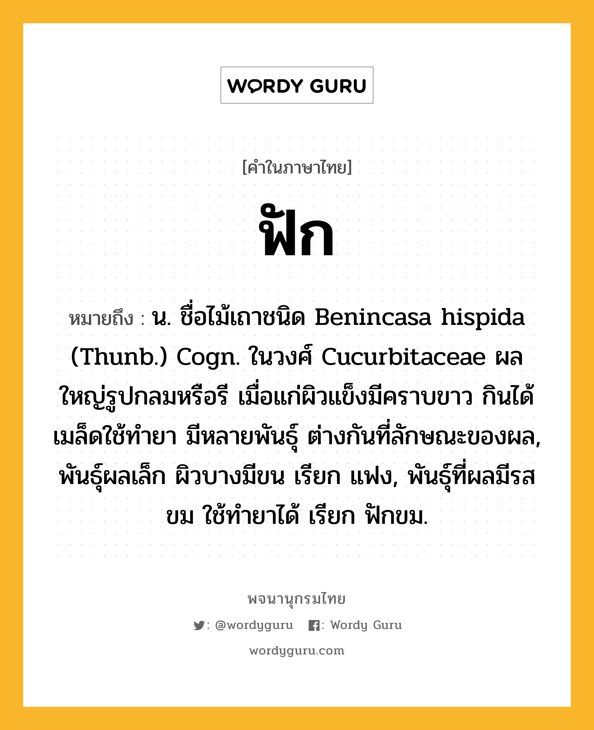 ฟัก หมายถึงอะไร?, คำในภาษาไทย ฟัก หมายถึง น. ชื่อไม้เถาชนิด Benincasa hispida (Thunb.) Cogn. ในวงศ์ Cucurbitaceae ผลใหญ่รูปกลมหรือรี เมื่อแก่ผิวแข็งมีคราบขาว กินได้ เมล็ดใช้ทํายา มีหลายพันธุ์ ต่างกันที่ลักษณะของผล, พันธุ์ผลเล็ก ผิวบางมีขน เรียก แฟง, พันธุ์ที่ผลมีรสขม ใช้ทํายาได้ เรียก ฟักขม.