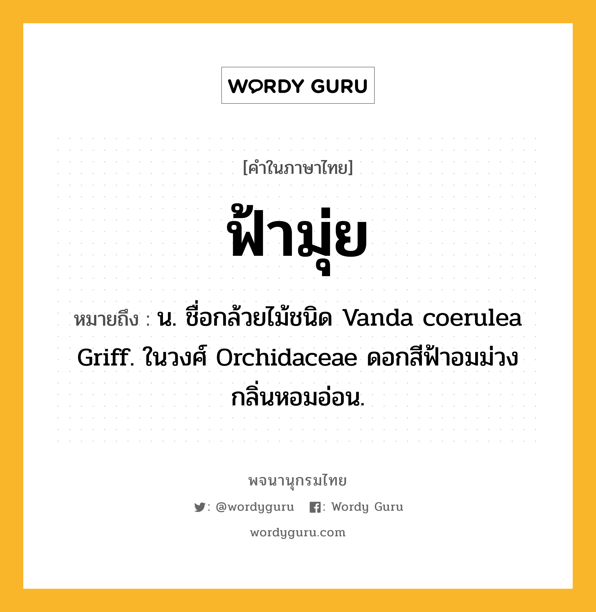 ฟ้ามุ่ย หมายถึงอะไร?, คำในภาษาไทย ฟ้ามุ่ย หมายถึง น. ชื่อกล้วยไม้ชนิด Vanda coerulea Griff. ในวงศ์ Orchidaceae ดอกสีฟ้าอมม่วง กลิ่นหอมอ่อน.