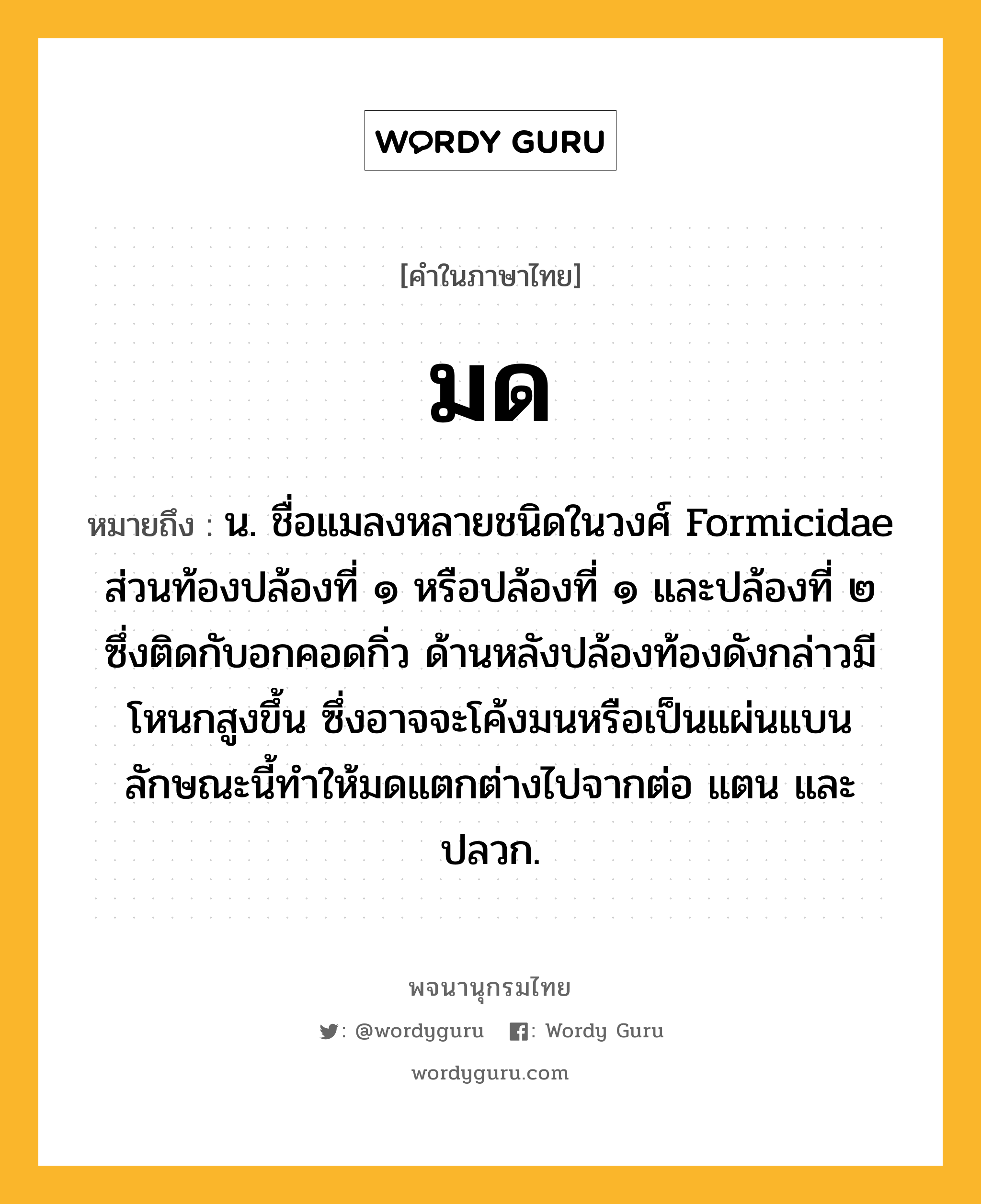 มด ความหมาย หมายถึงอะไร?, คำในภาษาไทย มด หมายถึง น. ชื่อแมลงหลายชนิดในวงศ์ Formicidae ส่วนท้องปล้องที่ ๑ หรือปล้องที่ ๑ และปล้องที่ ๒ ซึ่งติดกับอกคอดกิ่ว ด้านหลังปล้องท้องดังกล่าวมีโหนกสูงขึ้น ซึ่งอาจจะโค้งมนหรือเป็นแผ่นแบน ลักษณะนี้ทําให้มดแตกต่างไปจากต่อ แตน และปลวก.