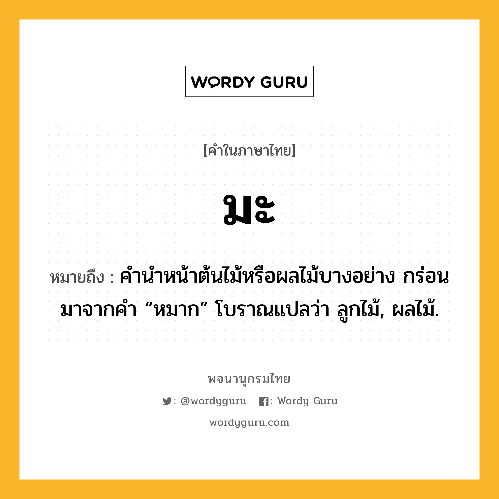 มะ หมายถึงอะไร?, คำในภาษาไทย มะ หมายถึง คํานําหน้าต้นไม้หรือผลไม้บางอย่าง กร่อนมาจากคํา “หมาก” โบราณแปลว่า ลูกไม้, ผลไม้.