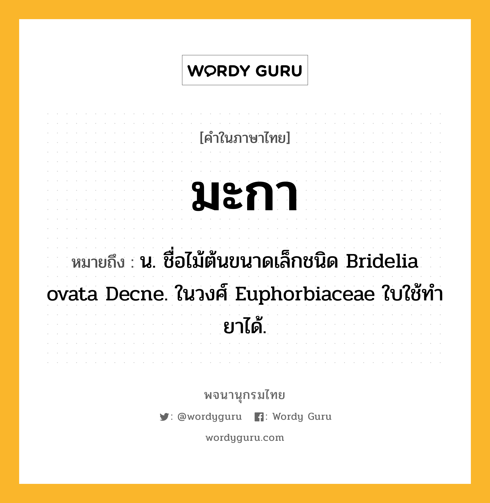 มะกา ความหมาย หมายถึงอะไร?, คำในภาษาไทย มะกา หมายถึง น. ชื่อไม้ต้นขนาดเล็กชนิด Bridelia ovata Decne. ในวงศ์ Euphorbiaceae ใบใช้ทํายาได้.