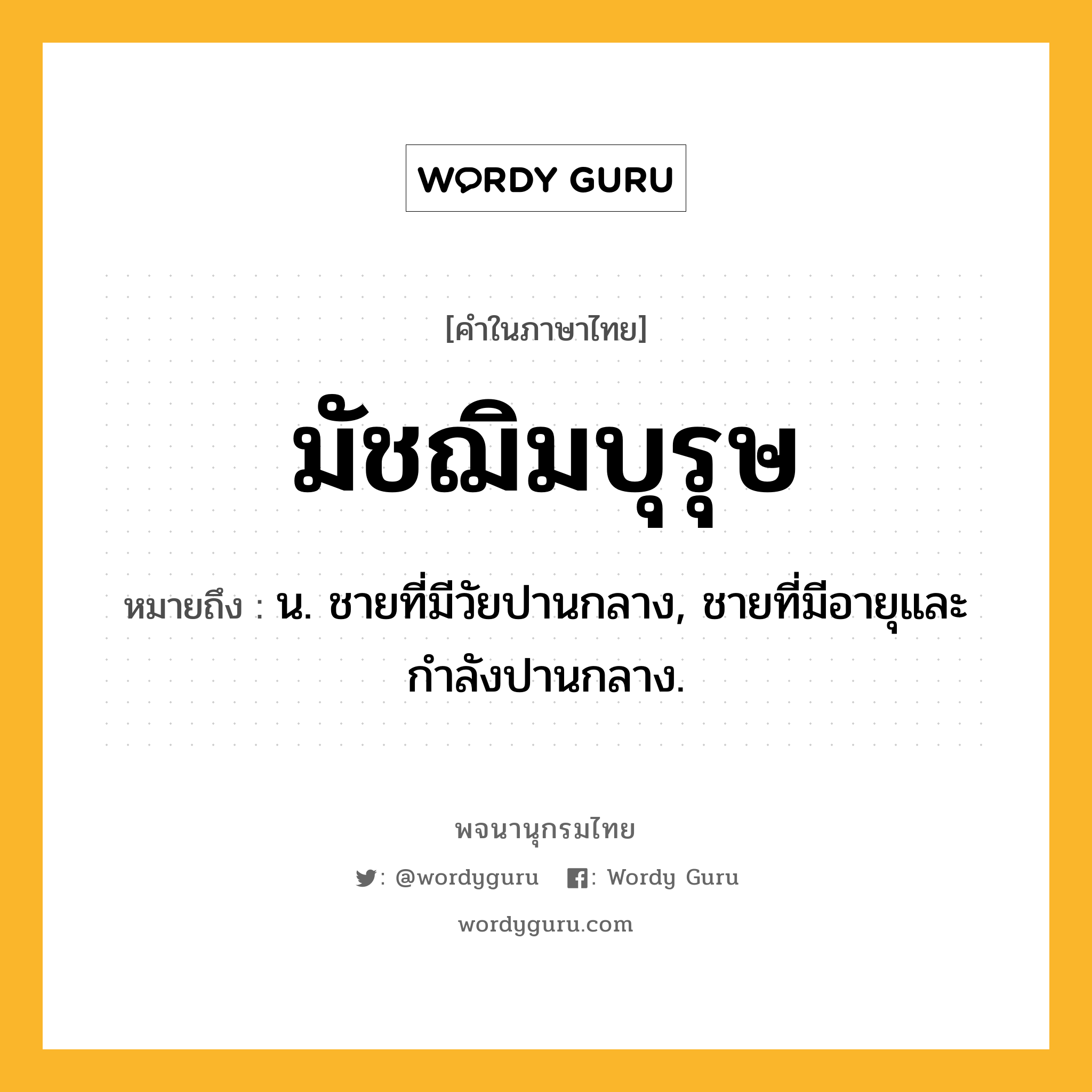 มัชฌิมบุรุษ หมายถึงอะไร?, คำในภาษาไทย มัชฌิมบุรุษ หมายถึง น. ชายที่มีวัยปานกลาง, ชายที่มีอายุและกำลังปานกลาง.