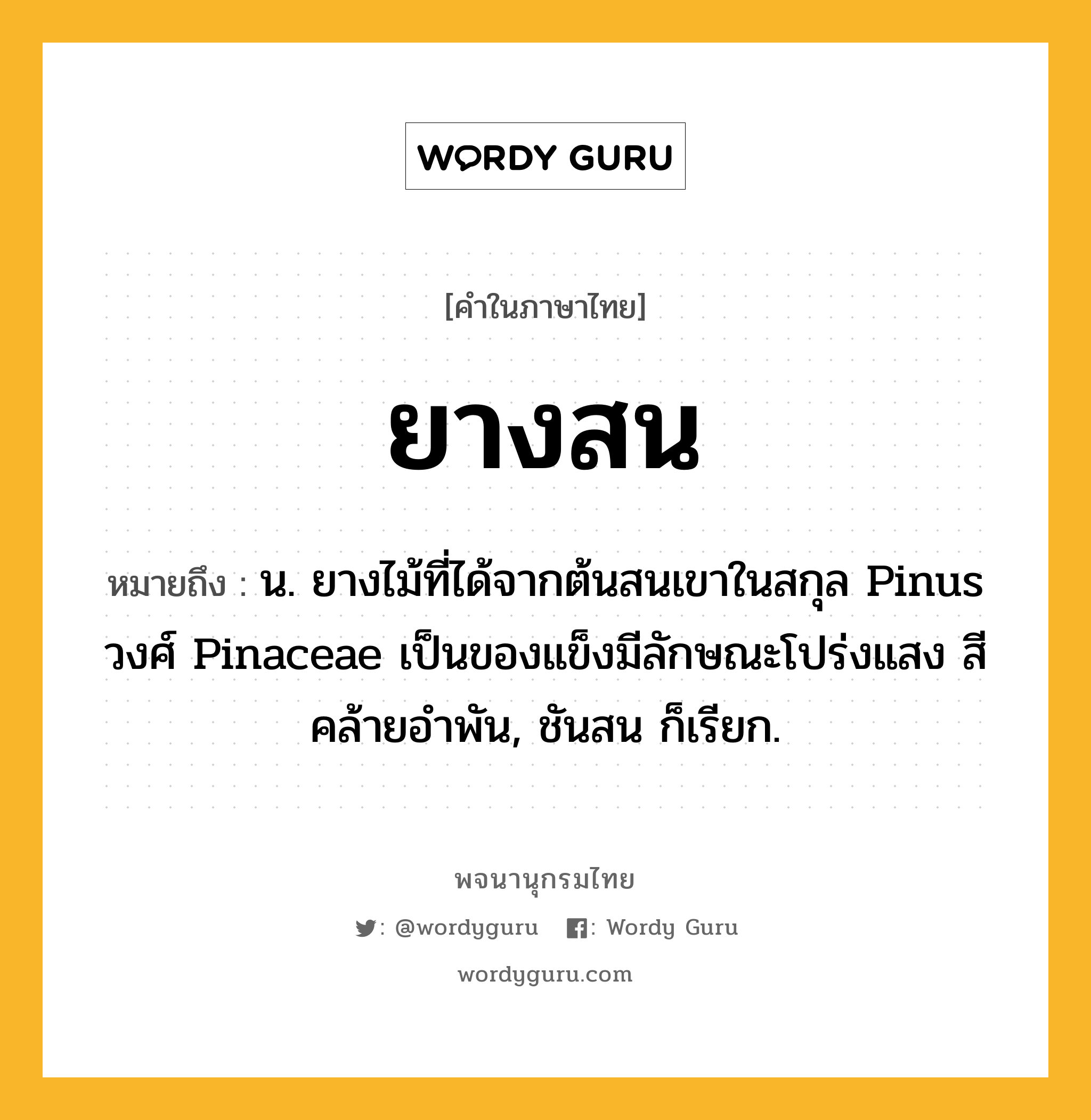 ยางสน หมายถึงอะไร?, คำในภาษาไทย ยางสน หมายถึง น. ยางไม้ที่ได้จากต้นสนเขาในสกุล Pinus วงศ์ Pinaceae เป็นของแข็งมีลักษณะโปร่งแสง สีคล้ายอำพัน, ชันสน ก็เรียก.