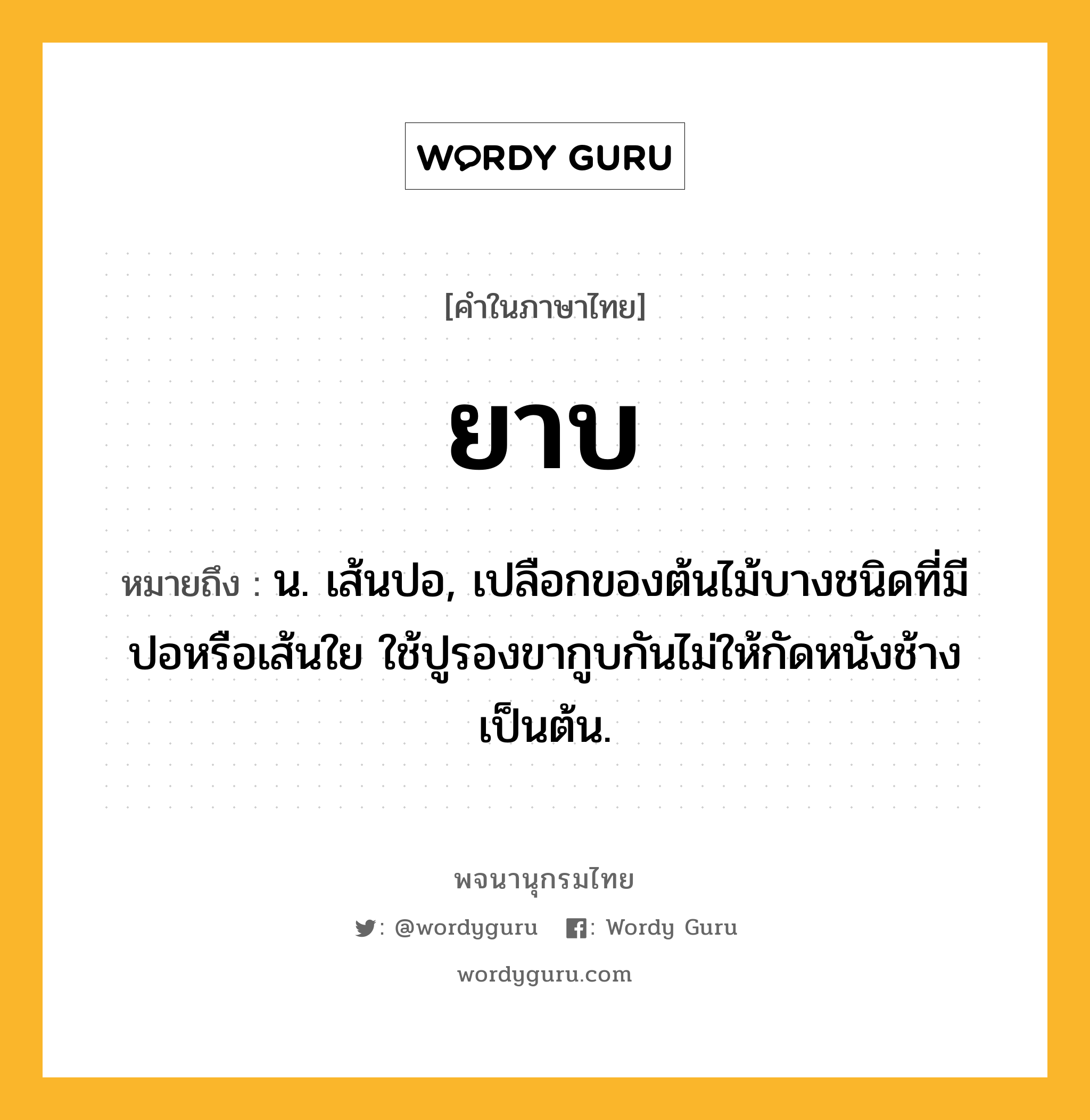 ยาบ หมายถึงอะไร?, คำในภาษาไทย ยาบ หมายถึง น. เส้นปอ, เปลือกของต้นไม้บางชนิดที่มีปอหรือเส้นใย ใช้ปูรองขากูบกันไม่ให้กัดหนังช้างเป็นต้น.