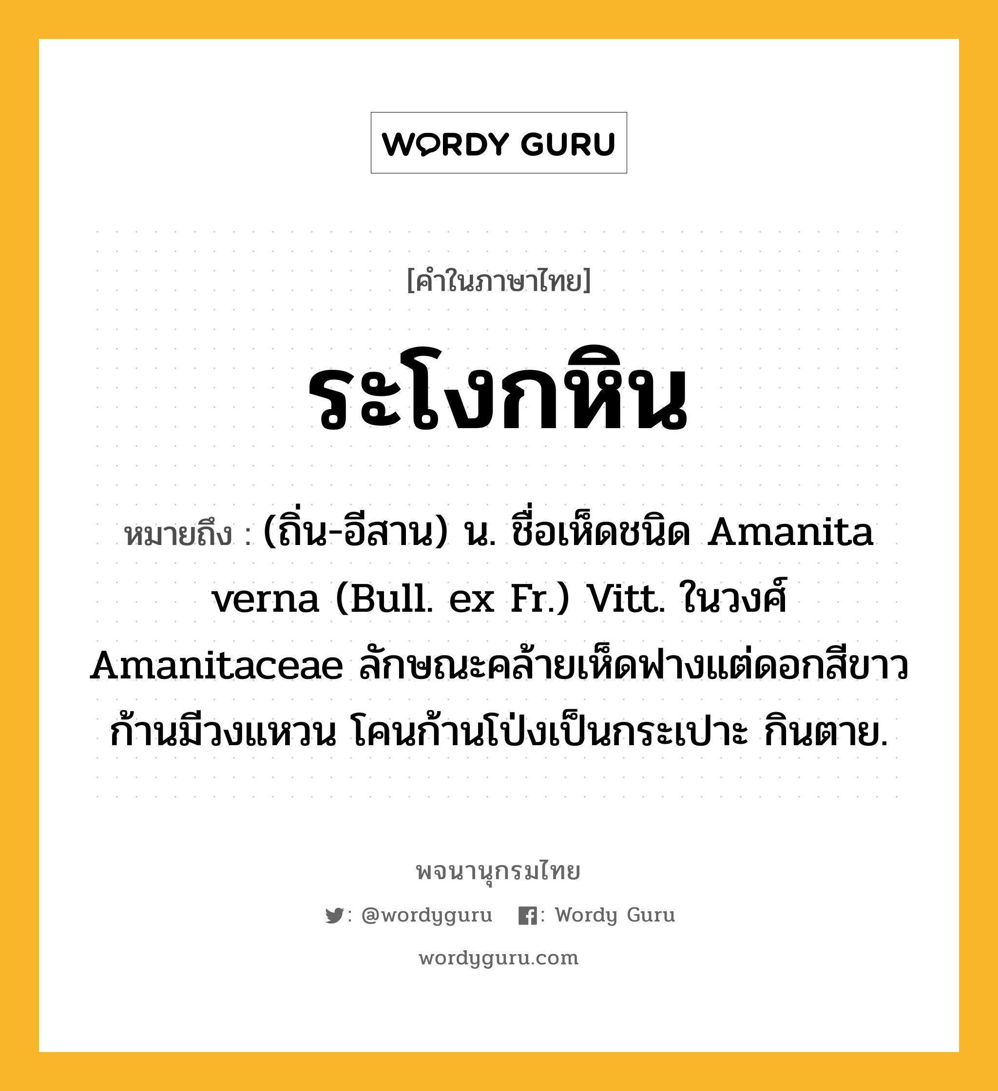 ระโงกหิน หมายถึงอะไร?, คำในภาษาไทย ระโงกหิน หมายถึง (ถิ่น-อีสาน) น. ชื่อเห็ดชนิด Amanita verna (Bull. ex Fr.) Vitt. ในวงศ์ Amanitaceae ลักษณะคล้ายเห็ดฟางแต่ดอกสีขาว ก้านมีวงแหวน โคนก้านโป่งเป็นกระเปาะ กินตาย.