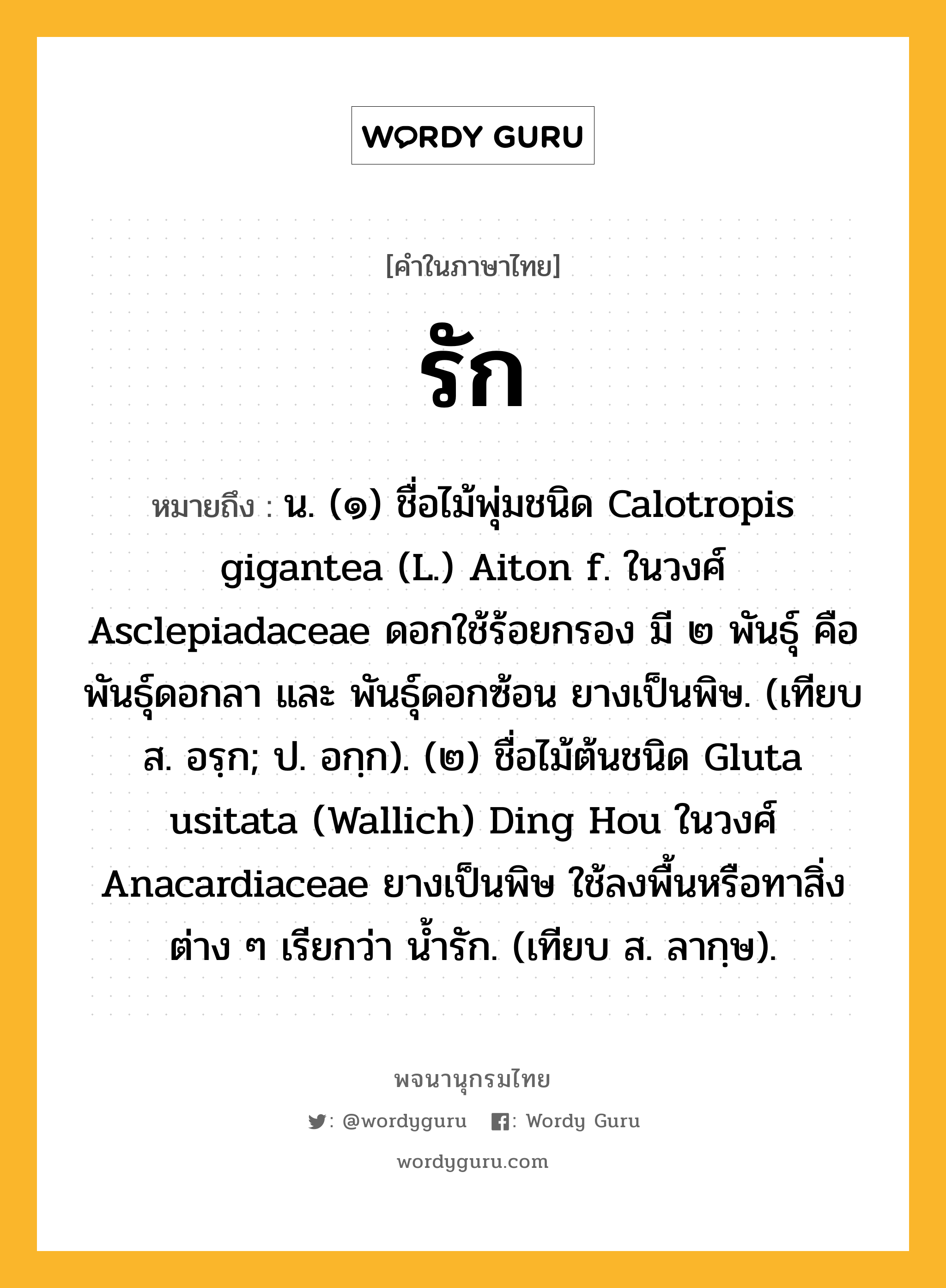 รัก หมายถึงอะไร?, คำในภาษาไทย รัก หมายถึง น. (๑) ชื่อไม้พุ่มชนิด Calotropis gigantea (L.) Aiton f. ในวงศ์ Asclepiadaceae ดอกใช้ร้อยกรอง มี ๒ พันธุ์ คือ พันธุ์ดอกลา และ พันธุ์ดอกซ้อน ยางเป็นพิษ. (เทียบ ส. อรฺก; ป. อกฺก). (๒) ชื่อไม้ต้นชนิด Gluta usitata (Wallich) Ding Hou ในวงศ์ Anacardiaceae ยางเป็นพิษ ใช้ลงพื้นหรือทาสิ่งต่าง ๆ เรียกว่า นํ้ารัก. (เทียบ ส. ลากฺษ).