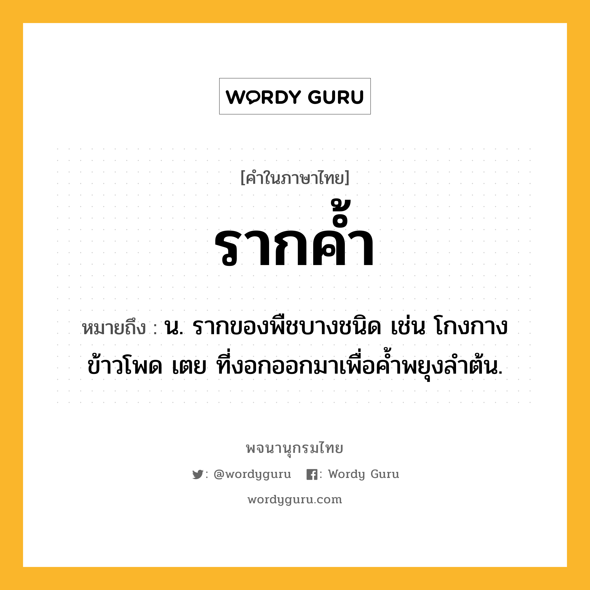 รากค้ำ หมายถึงอะไร?, คำในภาษาไทย รากค้ำ หมายถึง น. รากของพืชบางชนิด เช่น โกงกาง ข้าวโพด เตย ที่งอกออกมาเพื่อค้ำพยุงลำต้น.