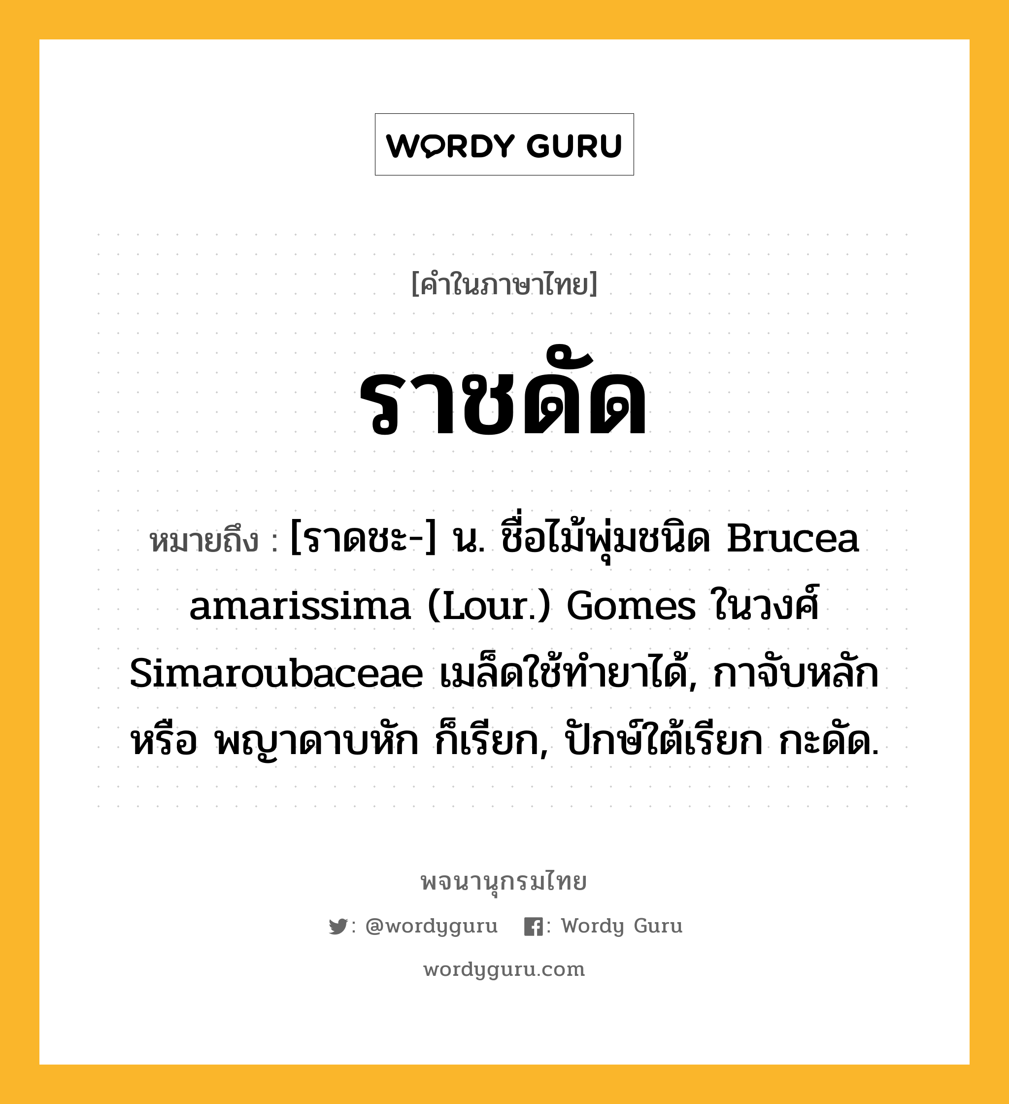 ราชดัด หมายถึงอะไร?, คำในภาษาไทย ราชดัด หมายถึง [ราดชะ-] น. ชื่อไม้พุ่มชนิด Brucea amarissima (Lour.) Gomes ในวงศ์ Simaroubaceae เมล็ดใช้ทํายาได้, กาจับหลัก หรือ พญาดาบหัก ก็เรียก, ปักษ์ใต้เรียก กะดัด.