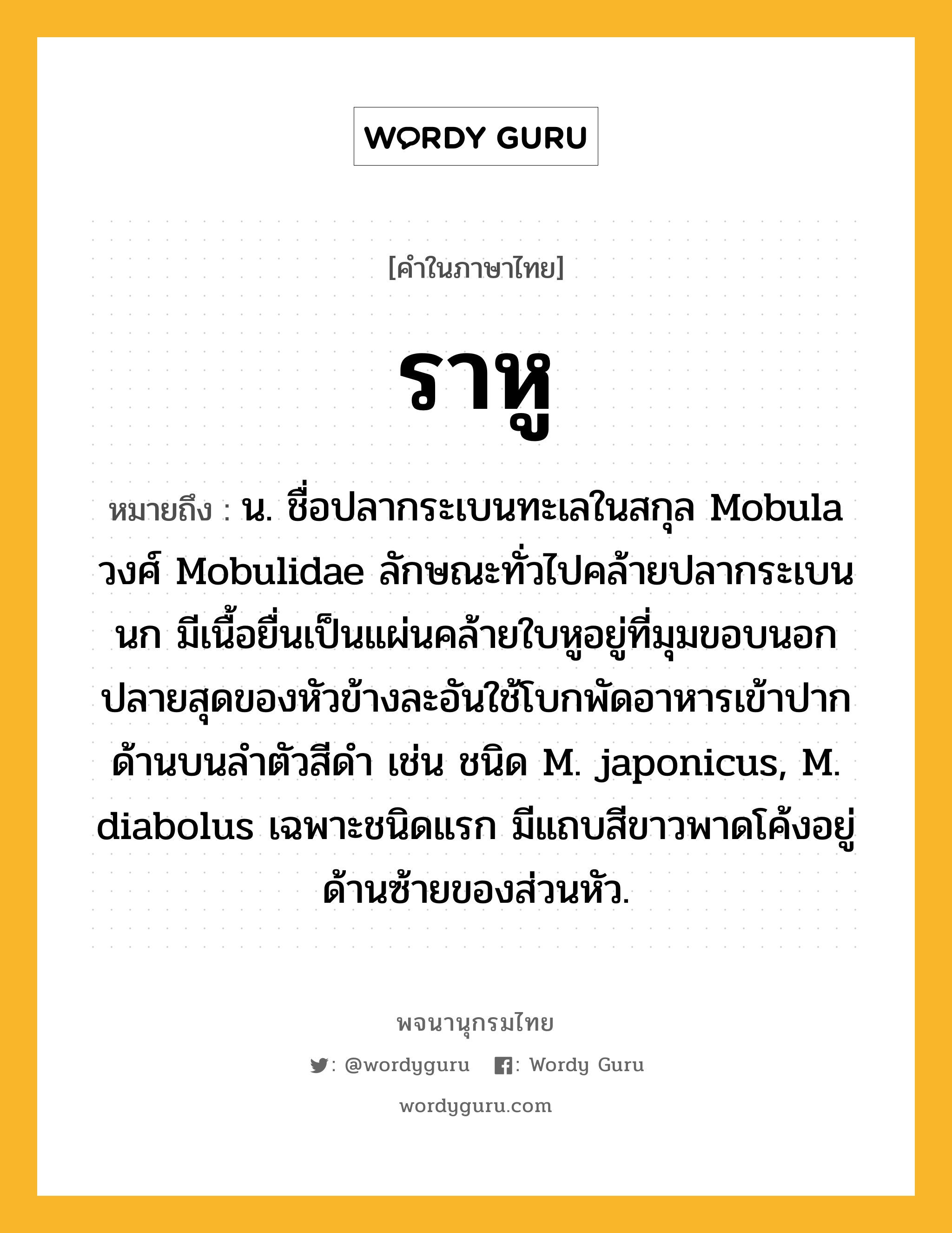 ราหู ความหมาย หมายถึงอะไร?, คำในภาษาไทย ราหู หมายถึง น. ชื่อปลากระเบนทะเลในสกุล Mobula วงศ์ Mobulidae ลักษณะทั่วไปคล้ายปลากระเบนนก มีเนื้อยื่นเป็นแผ่นคล้ายใบหูอยู่ที่มุมขอบนอกปลายสุดของหัวข้างละอันใช้โบกพัดอาหารเข้าปาก ด้านบนลําตัวสีดํา เช่น ชนิด M. japonicus, M. diabolus เฉพาะชนิดแรก มีแถบสีขาวพาดโค้งอยู่ด้านซ้ายของส่วนหัว.