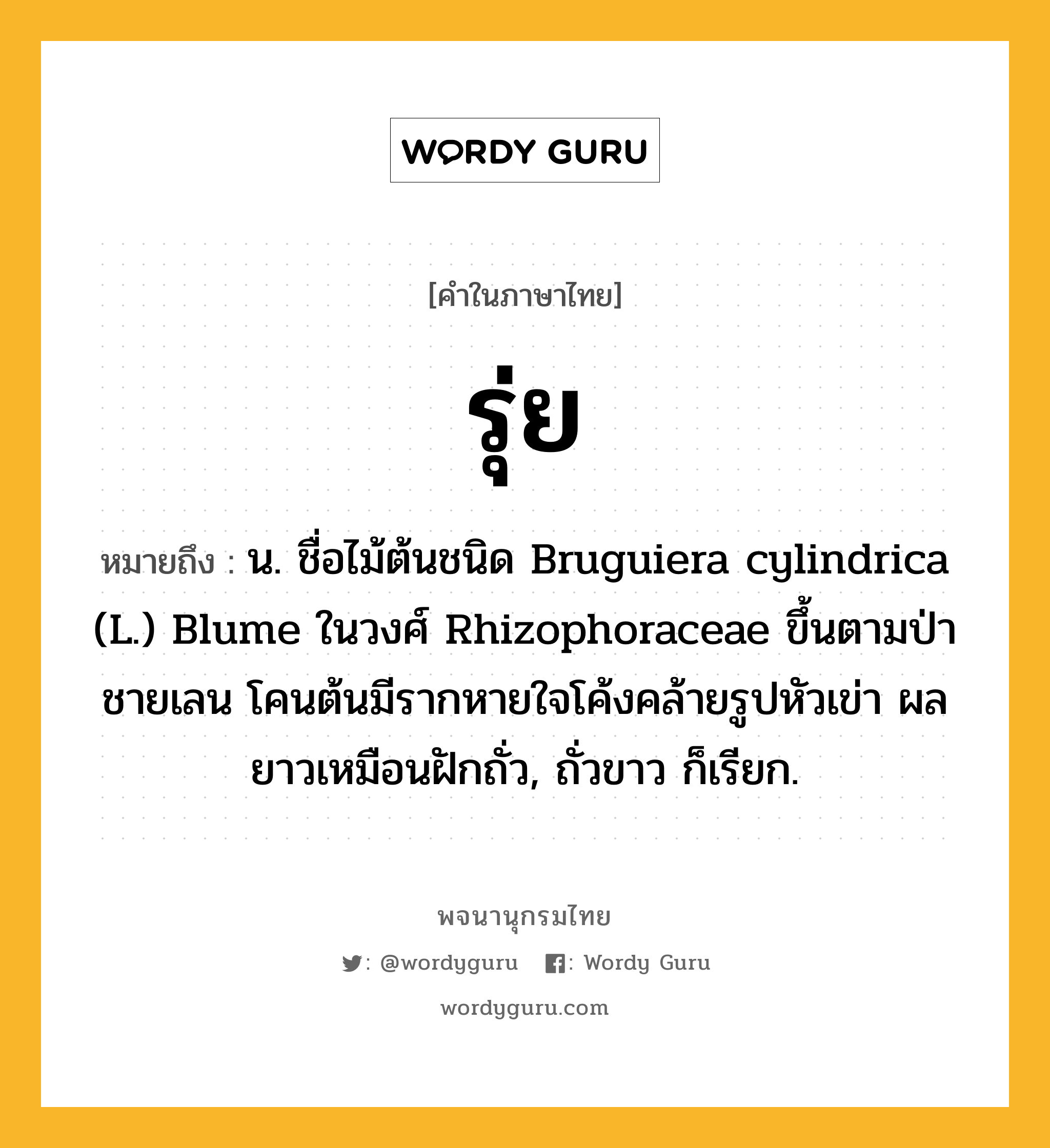 รุ่ย หมายถึงอะไร?, คำในภาษาไทย รุ่ย หมายถึง น. ชื่อไม้ต้นชนิด Bruguiera cylindrica (L.) Blume ในวงศ์ Rhizophoraceae ขึ้นตามป่าชายเลน โคนต้นมีรากหายใจโค้งคล้ายรูปหัวเข่า ผลยาวเหมือนฝักถั่ว, ถั่วขาว ก็เรียก.