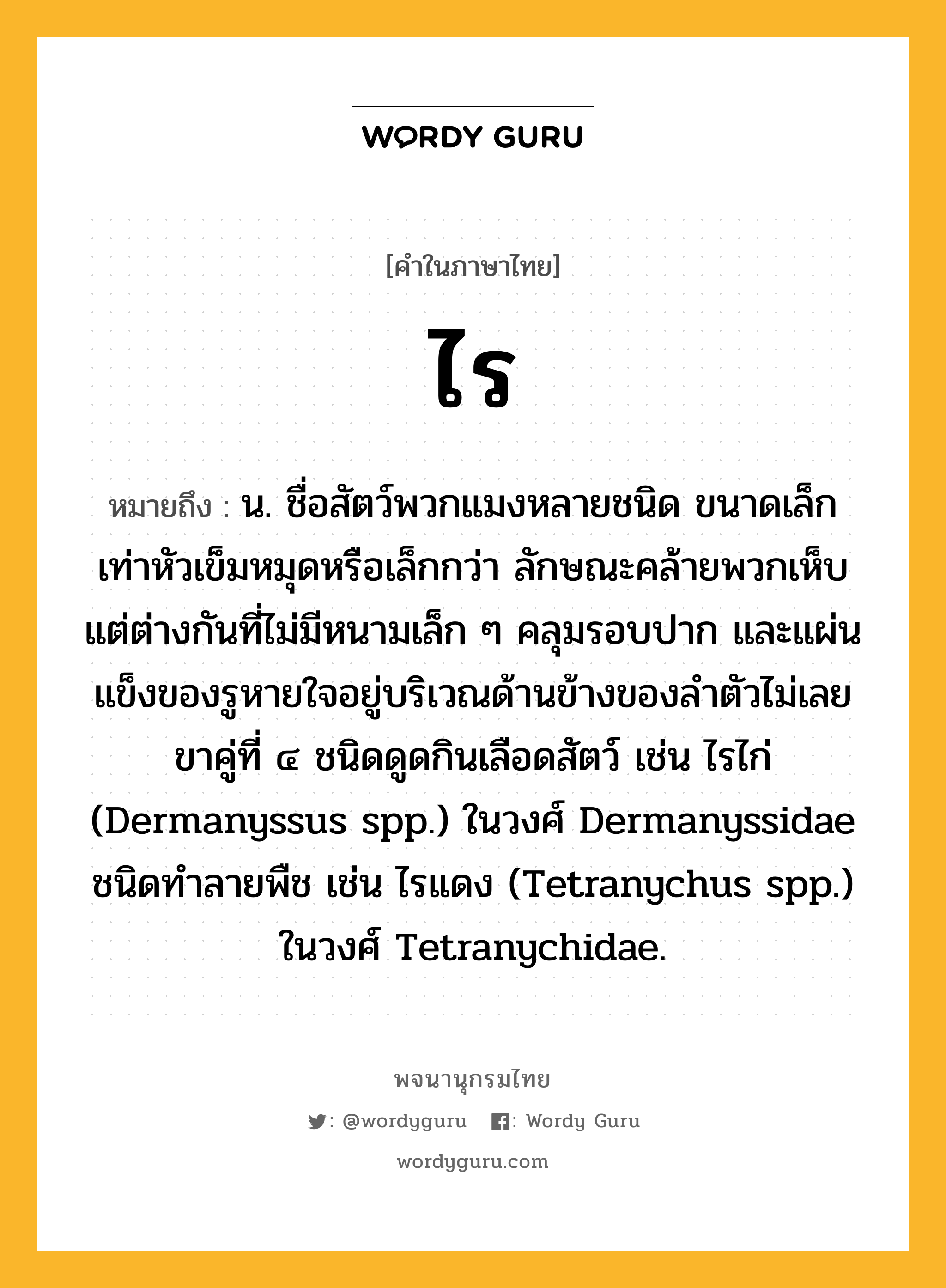 ไร หมายถึงอะไร?, คำในภาษาไทย ไร หมายถึง น. ชื่อสัตว์พวกแมงหลายชนิด ขนาดเล็กเท่าหัวเข็มหมุดหรือเล็กกว่า ลักษณะคล้ายพวกเห็บแต่ต่างกันที่ไม่มีหนามเล็ก ๆ คลุมรอบปาก และแผ่นแข็งของรูหายใจอยู่บริเวณด้านข้างของลําตัวไม่เลยขาคู่ที่ ๔ ชนิดดูดกินเลือดสัตว์ เช่น ไรไก่ (Dermanyssus spp.) ในวงศ์ Dermanyssidae ชนิดทําลายพืช เช่น ไรแดง (Tetranychus spp.) ในวงศ์ Tetranychidae.