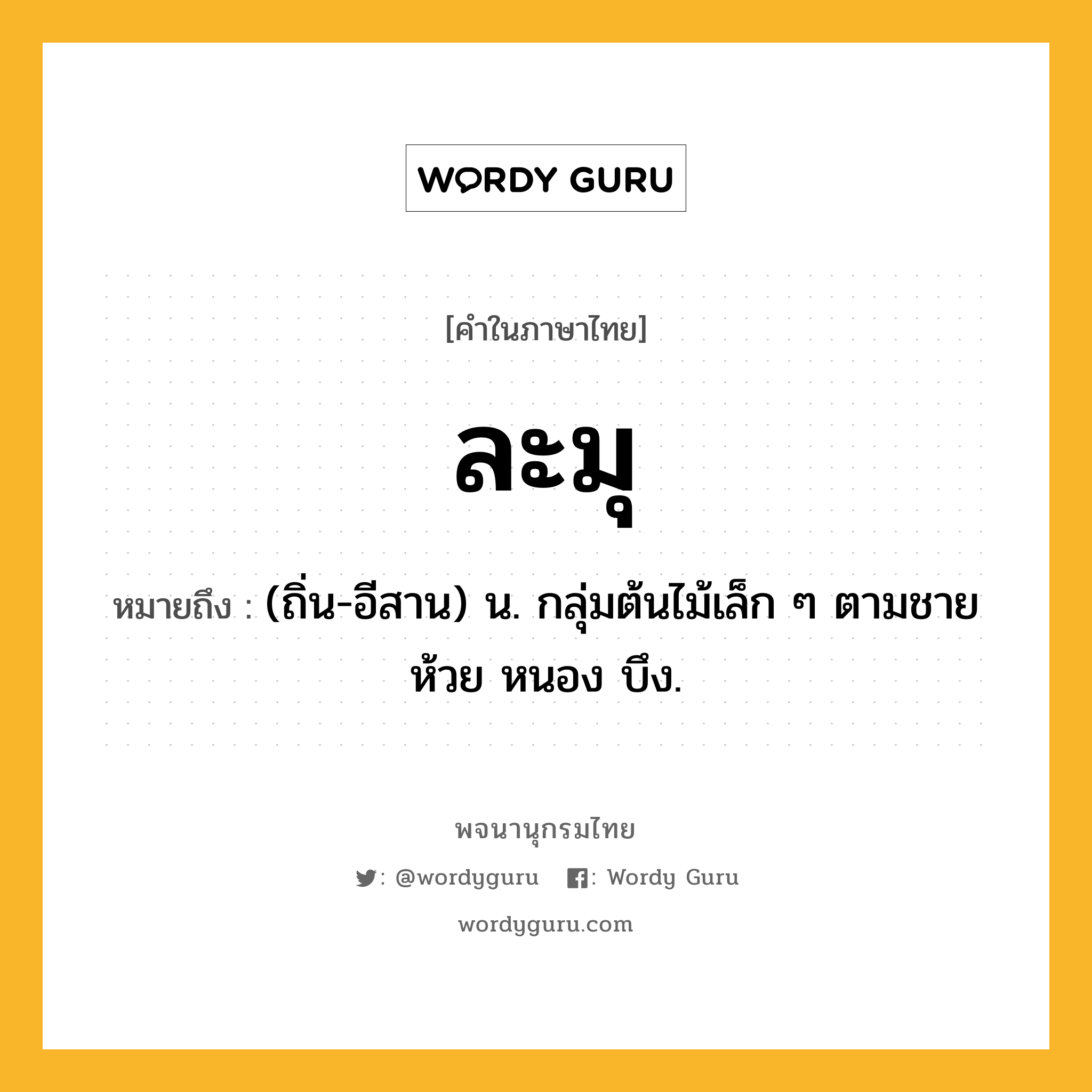 ละมุ หมายถึงอะไร?, คำในภาษาไทย ละมุ หมายถึง (ถิ่น-อีสาน) น. กลุ่มต้นไม้เล็ก ๆ ตามชายห้วย หนอง บึง.