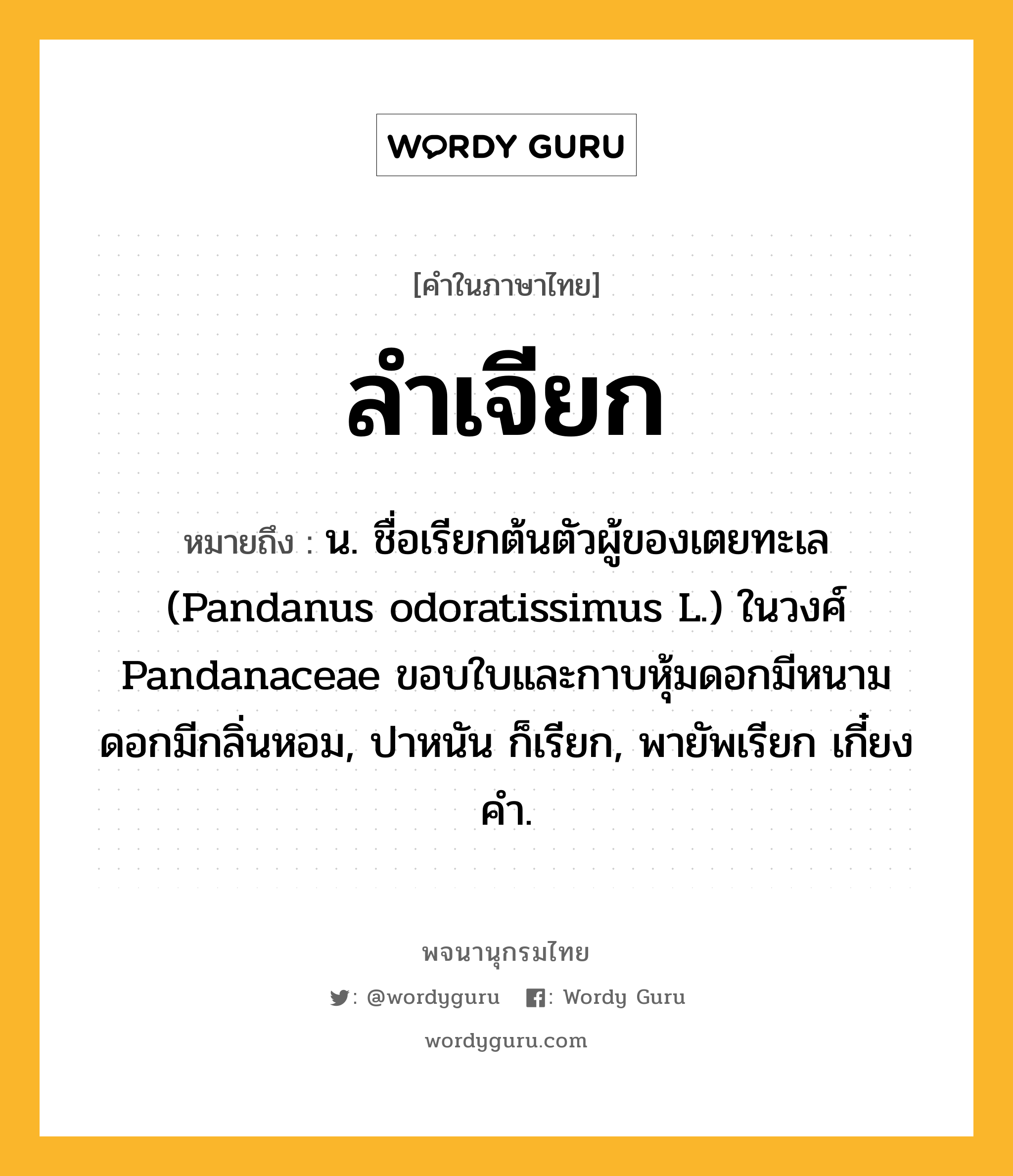 ลำเจียก หมายถึงอะไร?, คำในภาษาไทย ลำเจียก หมายถึง น. ชื่อเรียกต้นตัวผู้ของเตยทะเล (Pandanus odoratissimus L.) ในวงศ์ Pandanaceae ขอบใบและกาบหุ้มดอกมีหนาม ดอกมีกลิ่นหอม, ปาหนัน ก็เรียก, พายัพเรียก เกี๋ยงคำ.