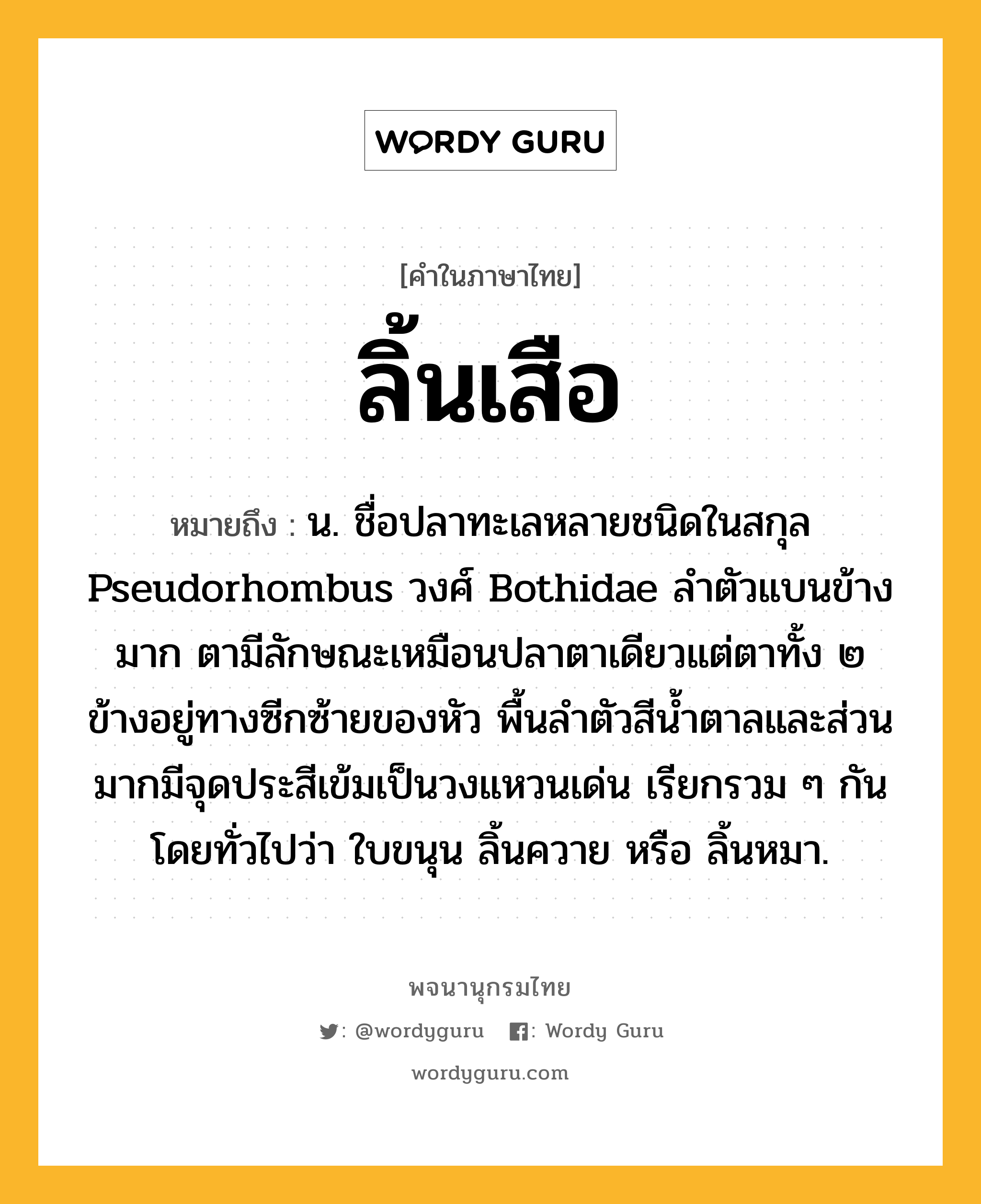 ลิ้นเสือ หมายถึงอะไร?, คำในภาษาไทย ลิ้นเสือ หมายถึง น. ชื่อปลาทะเลหลายชนิดในสกุล Pseudorhombus วงศ์ Bothidae ลำตัวแบนข้างมาก ตามีลักษณะเหมือนปลาตาเดียวแต่ตาทั้ง ๒ ข้างอยู่ทางซีกซ้ายของหัว พื้นลําตัวสีนํ้าตาลและส่วนมากมีจุดประสีเข้มเป็นวงแหวนเด่น เรียกรวม ๆ กันโดยทั่วไปว่า ใบขนุน ลิ้นควาย หรือ ลิ้นหมา.