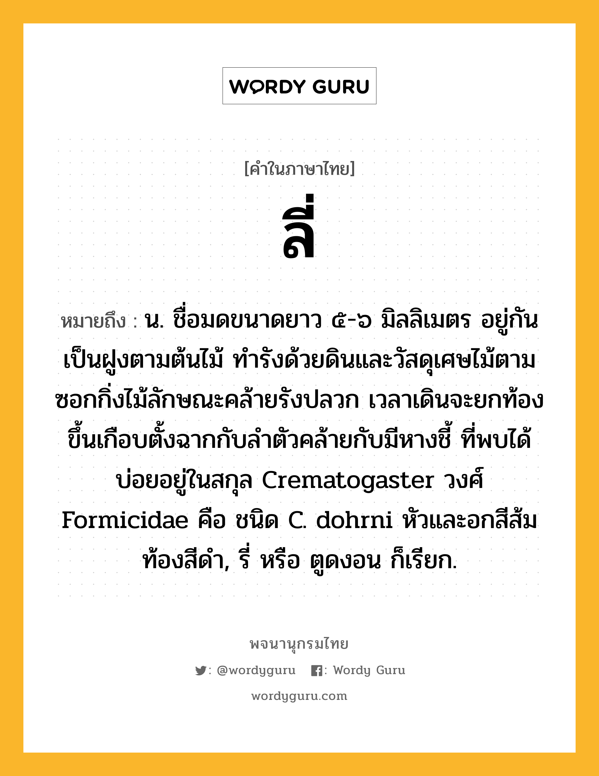 ลี่ หมายถึงอะไร?, คำในภาษาไทย ลี่ หมายถึง น. ชื่อมดขนาดยาว ๕-๖ มิลลิเมตร อยู่กันเป็นฝูงตามต้นไม้ ทํารังด้วยดินและวัสดุเศษไม้ตามซอกกิ่งไม้ลักษณะคล้ายรังปลวก เวลาเดินจะยกท้องขึ้นเกือบตั้งฉากกับลําตัวคล้ายกับมีหางชี้ ที่พบได้บ่อยอยู่ในสกุล Crematogaster วงศ์ Formicidae คือ ชนิด C. dohrni หัวและอกสีส้ม ท้องสีดํา, รี่ หรือ ตูดงอน ก็เรียก.