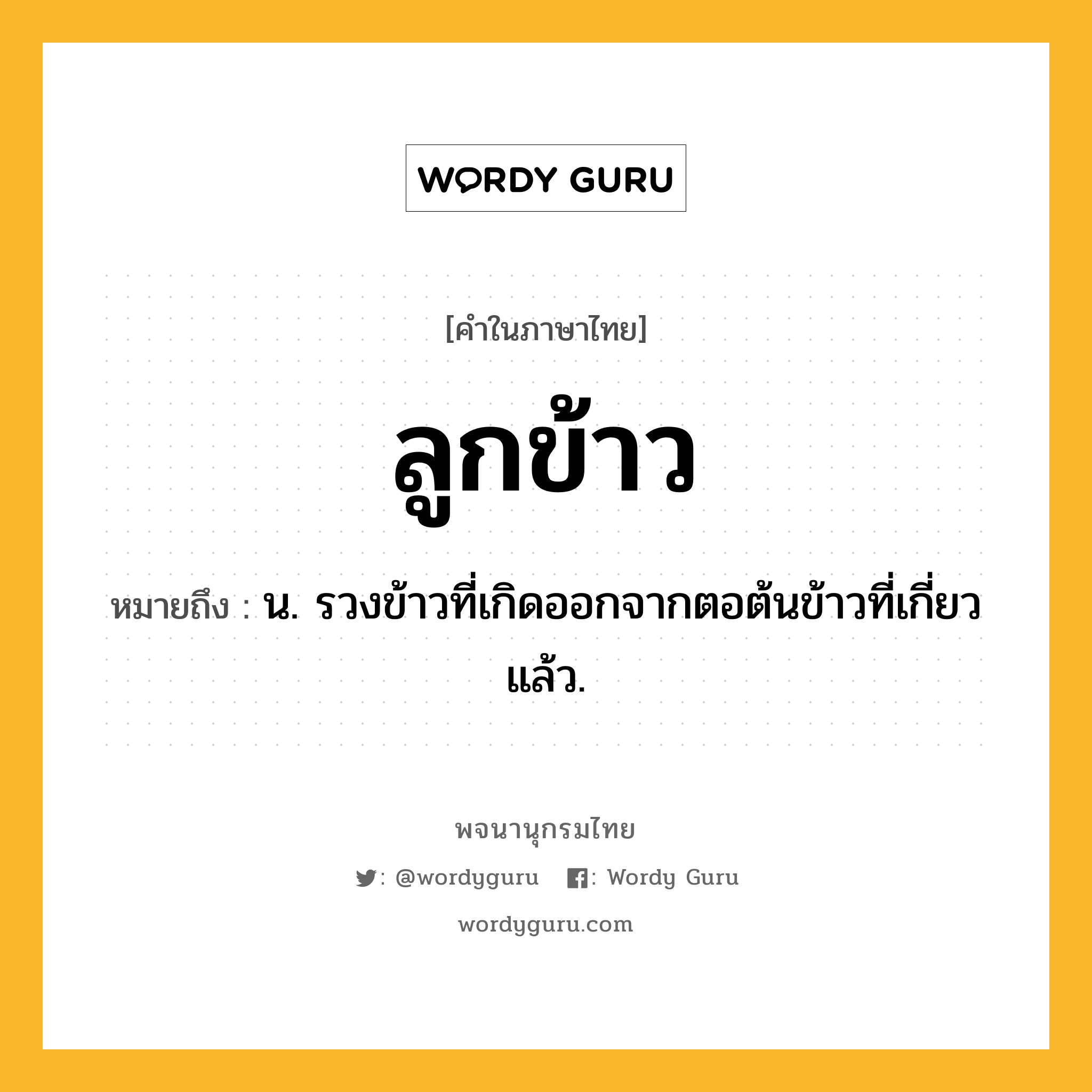 ลูกข้าว ความหมาย หมายถึงอะไร?, คำในภาษาไทย ลูกข้าว หมายถึง น. รวงข้าวที่เกิดออกจากตอต้นข้าวที่เกี่ยวแล้ว.