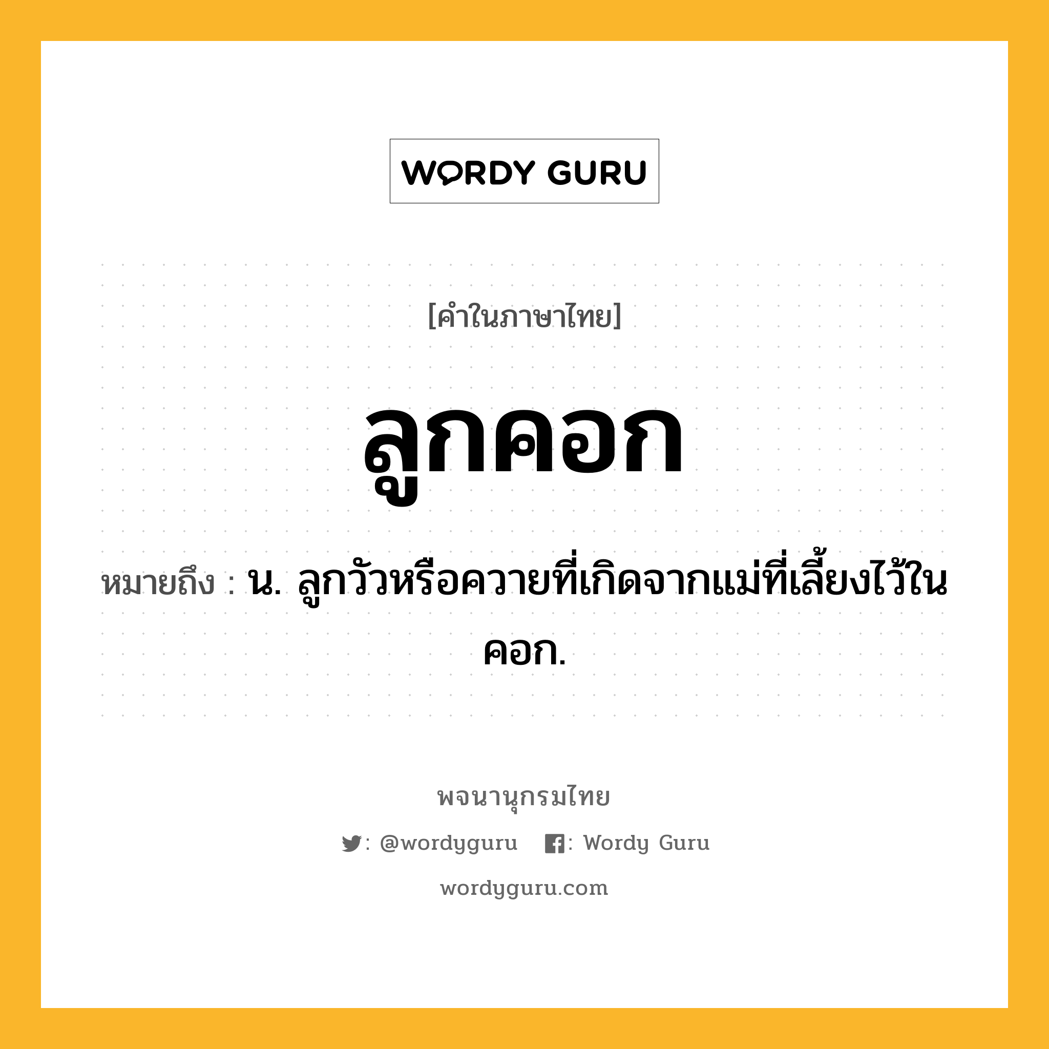 ลูกคอก ความหมาย หมายถึงอะไร?, คำในภาษาไทย ลูกคอก หมายถึง น. ลูกวัวหรือควายที่เกิดจากแม่ที่เลี้ยงไว้ในคอก.