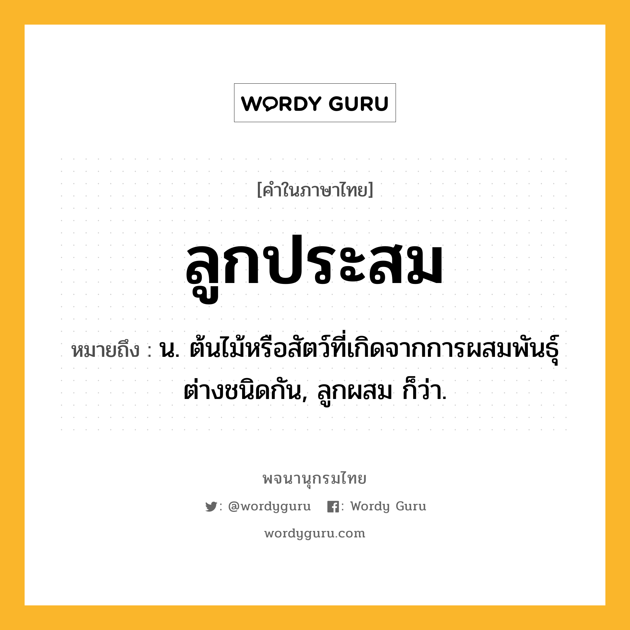 ลูกประสม หมายถึงอะไร?, คำในภาษาไทย ลูกประสม หมายถึง น. ต้นไม้หรือสัตว์ที่เกิดจากการผสมพันธุ์ต่างชนิดกัน, ลูกผสม ก็ว่า.