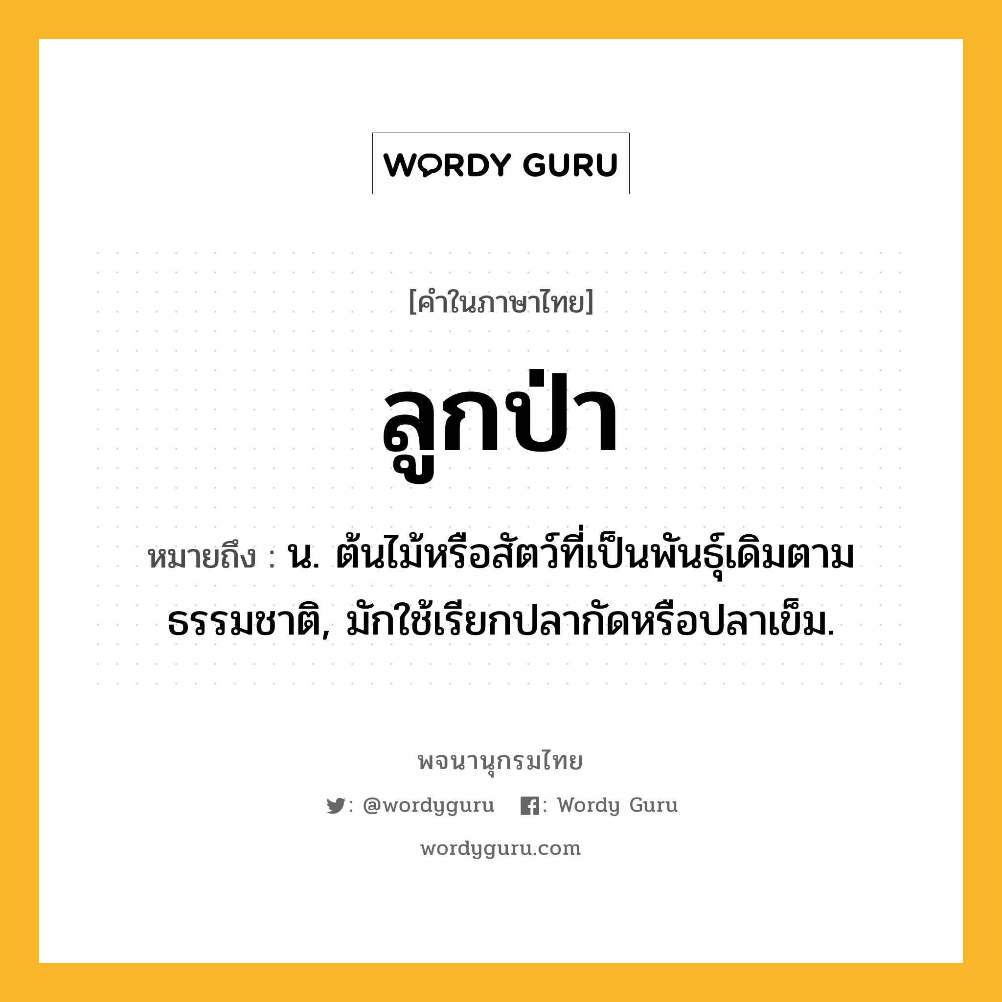 ลูกป่า หมายถึงอะไร?, คำในภาษาไทย ลูกป่า หมายถึง น. ต้นไม้หรือสัตว์ที่เป็นพันธุ์เดิมตามธรรมชาติ, มักใช้เรียกปลากัดหรือปลาเข็ม.