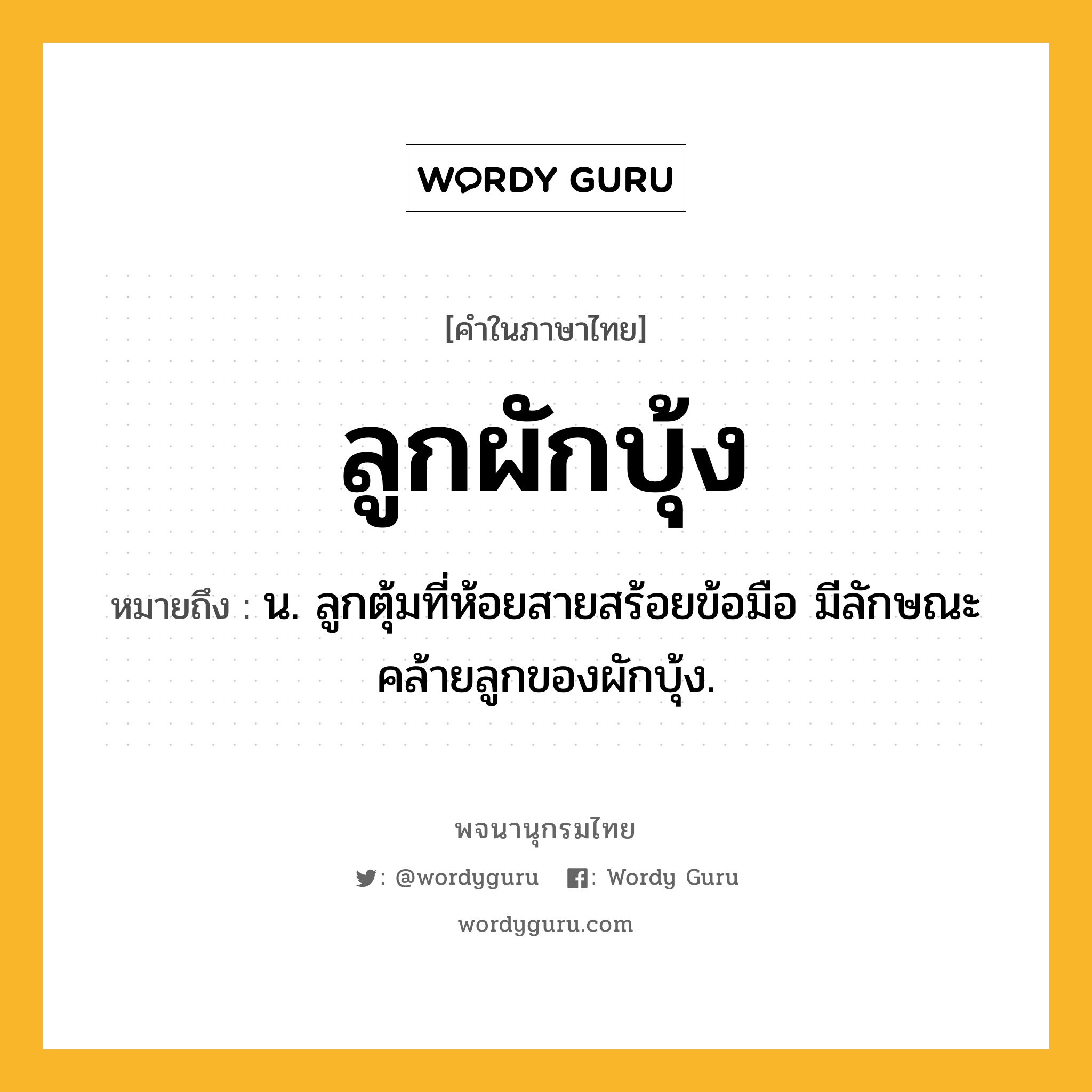 ลูกผักบุ้ง หมายถึงอะไร?, คำในภาษาไทย ลูกผักบุ้ง หมายถึง น. ลูกตุ้มที่ห้อยสายสร้อยข้อมือ มีลักษณะคล้ายลูกของผักบุ้ง.