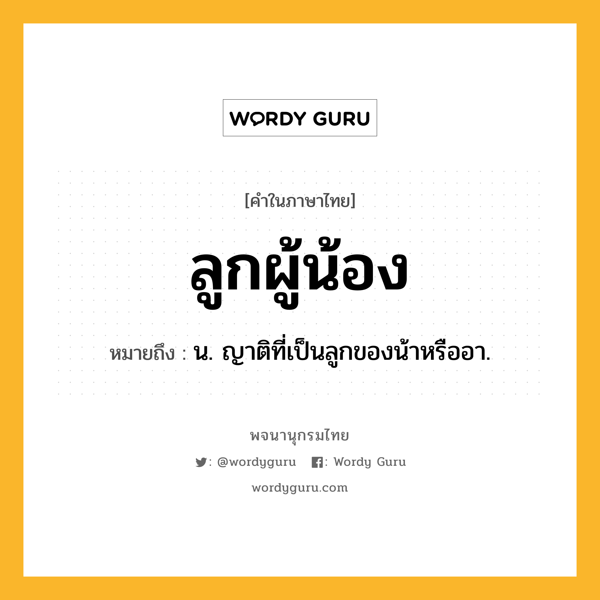 ลูกผู้น้อง ความหมาย หมายถึงอะไร?, คำในภาษาไทย ลูกผู้น้อง หมายถึง น. ญาติที่เป็นลูกของน้าหรืออา.