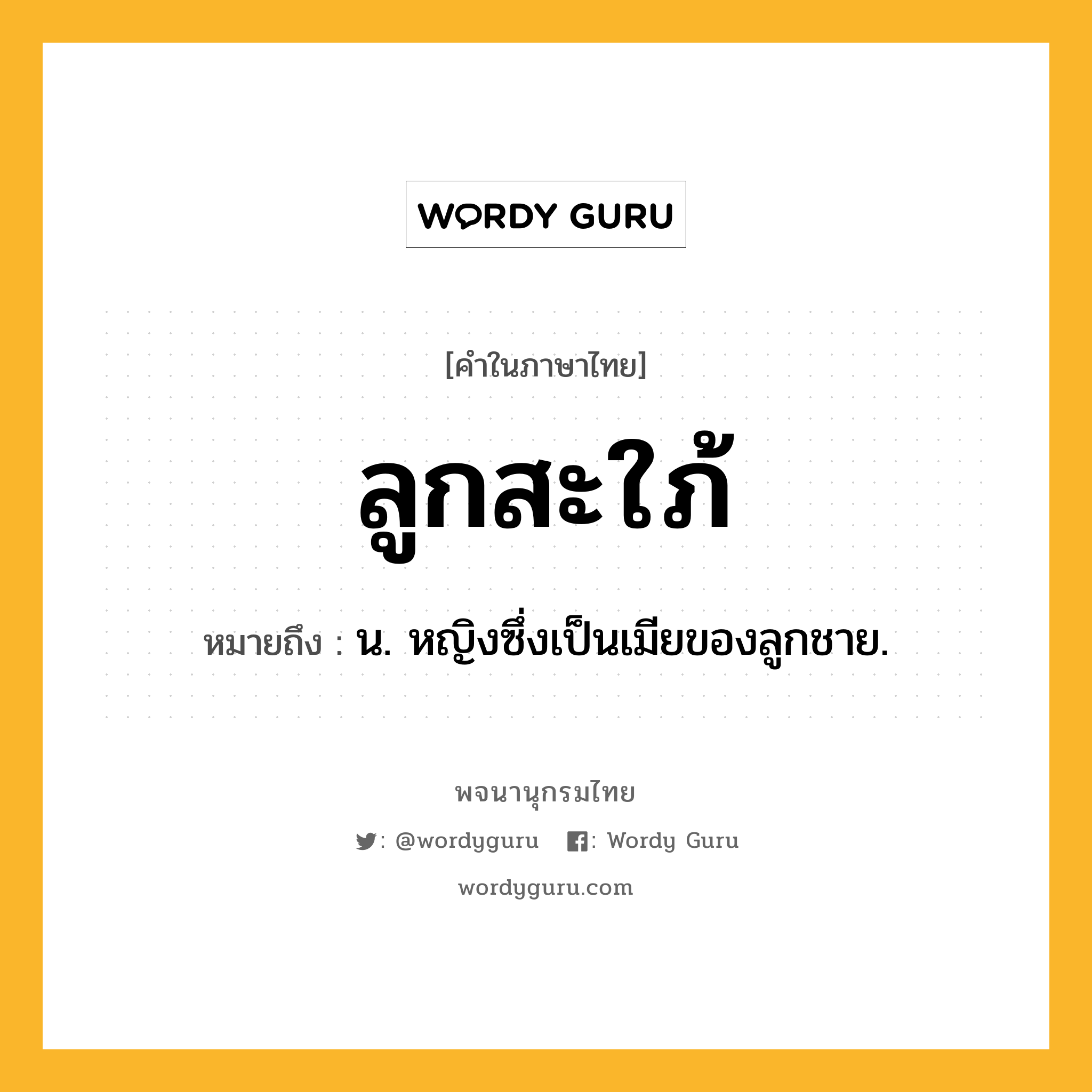 ลูกสะใภ้ หมายถึงอะไร?, คำในภาษาไทย ลูกสะใภ้ หมายถึง น. หญิงซึ่งเป็นเมียของลูกชาย.