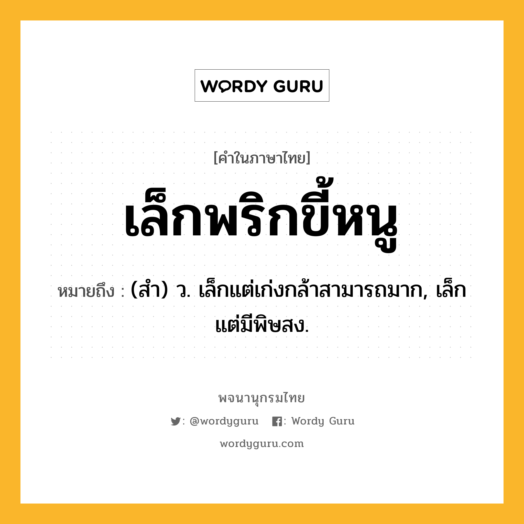 เล็กพริกขี้หนู หมายถึงอะไร?, คำในภาษาไทย เล็กพริกขี้หนู หมายถึง (สํา) ว. เล็กแต่เก่งกล้าสามารถมาก, เล็กแต่มีพิษสง.