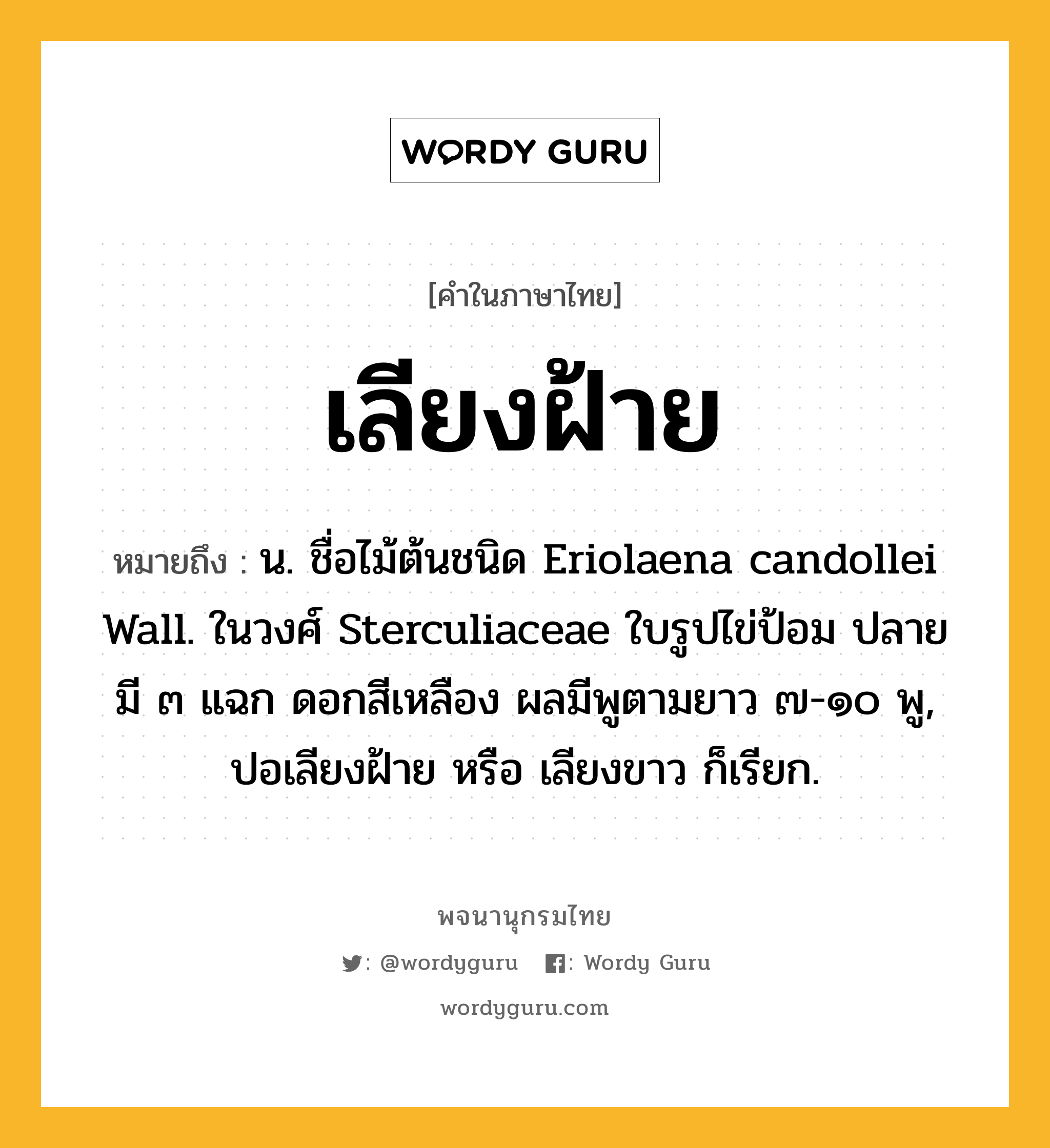 เลียงฝ้าย หมายถึงอะไร?, คำในภาษาไทย เลียงฝ้าย หมายถึง น. ชื่อไม้ต้นชนิด Eriolaena candollei Wall. ในวงศ์ Sterculiaceae ใบรูปไข่ป้อม ปลายมี ๓ แฉก ดอกสีเหลือง ผลมีพูตามยาว ๗-๑๐ พู, ปอเลียงฝ้าย หรือ เลียงขาว ก็เรียก.