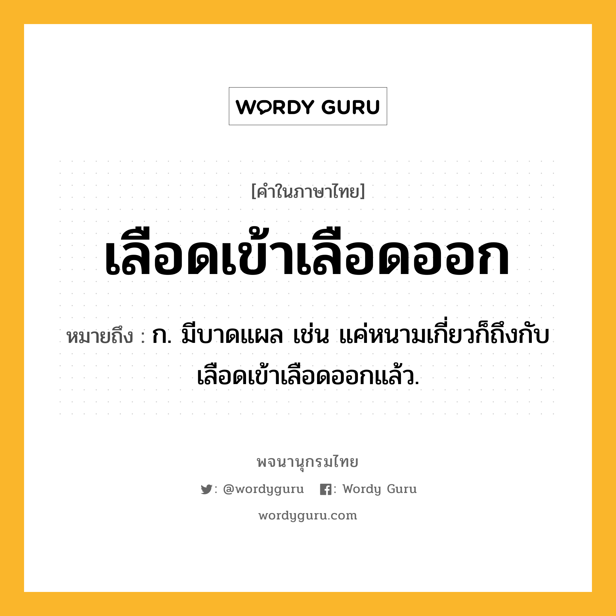 เลือดเข้าเลือดออก หมายถึงอะไร?, คำในภาษาไทย เลือดเข้าเลือดออก หมายถึง ก. มีบาดแผล เช่น แค่หนามเกี่ยวก็ถึงกับเลือดเข้าเลือดออกแล้ว.