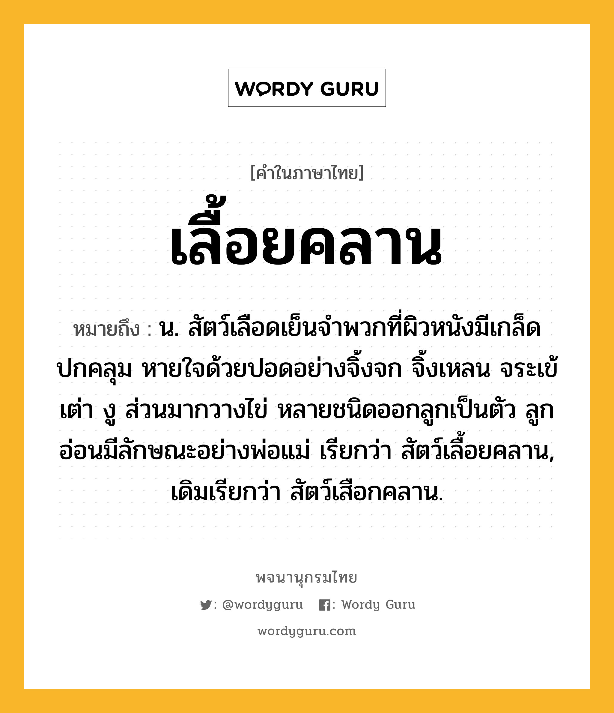 เลื้อยคลาน หมายถึงอะไร?, คำในภาษาไทย เลื้อยคลาน หมายถึง น. สัตว์เลือดเย็นจําพวกที่ผิวหนังมีเกล็ดปกคลุม หายใจด้วยปอดอย่างจิ้งจก จิ้งเหลน จระเข้ เต่า งู ส่วนมากวางไข่ หลายชนิดออกลูกเป็นตัว ลูกอ่อนมีลักษณะอย่างพ่อแม่ เรียกว่า สัตว์เลื้อยคลาน, เดิมเรียกว่า สัตว์เสือกคลาน.