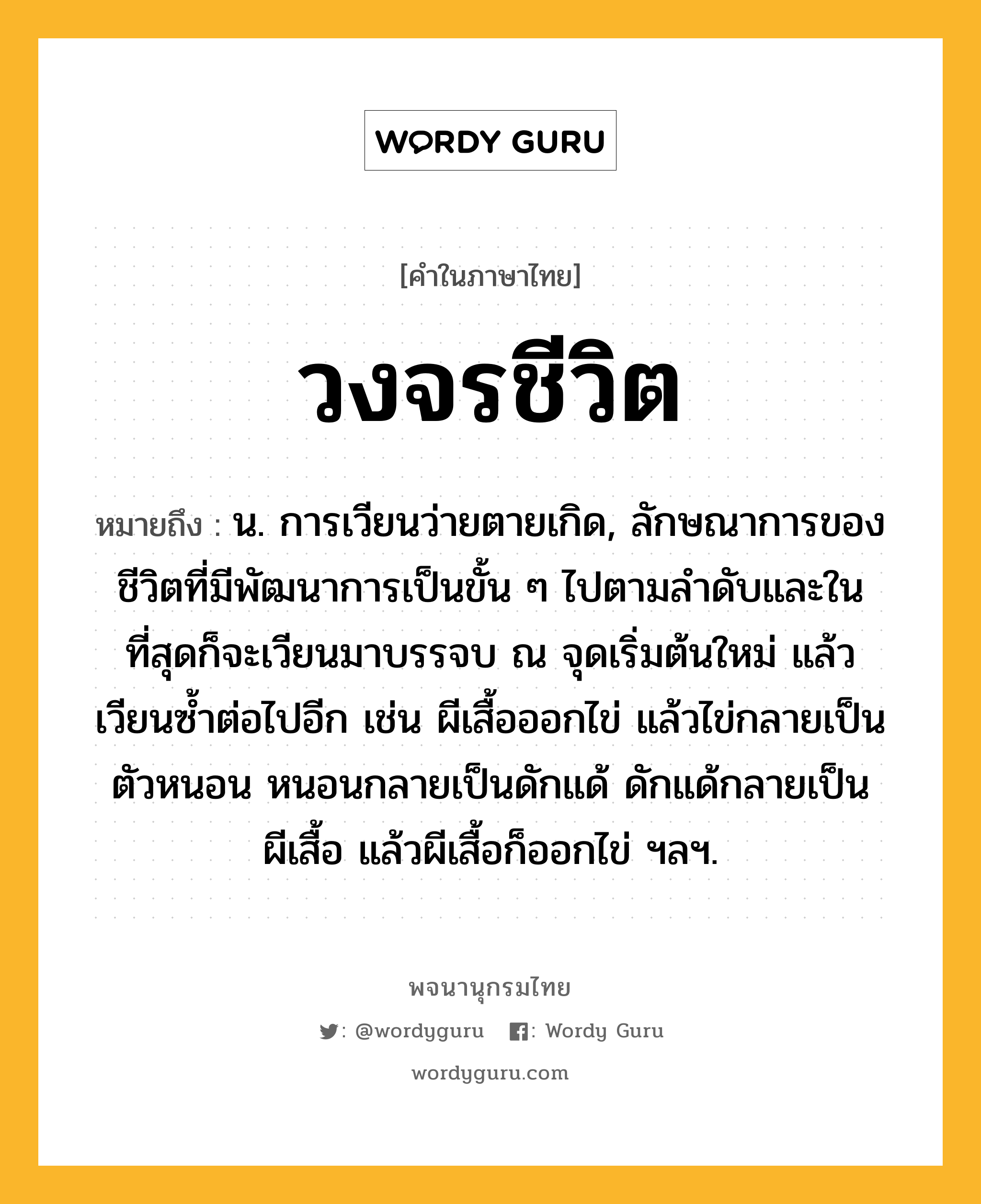 วงจรชีวิต หมายถึงอะไร?, คำในภาษาไทย วงจรชีวิต หมายถึง น. การเวียนว่ายตายเกิด, ลักษณาการของชีวิตที่มีพัฒนาการเป็นขั้น ๆ ไปตามลำดับและในที่สุดก็จะเวียนมาบรรจบ ณ จุดเริ่มต้นใหม่ แล้วเวียนซ้ำต่อไปอีก เช่น ผีเสื้อออกไข่ แล้วไข่กลายเป็นตัวหนอน หนอนกลายเป็นดักแด้ ดักแด้กลายเป็นผีเสื้อ แล้วผีเสื้อก็ออกไข่ ฯลฯ.