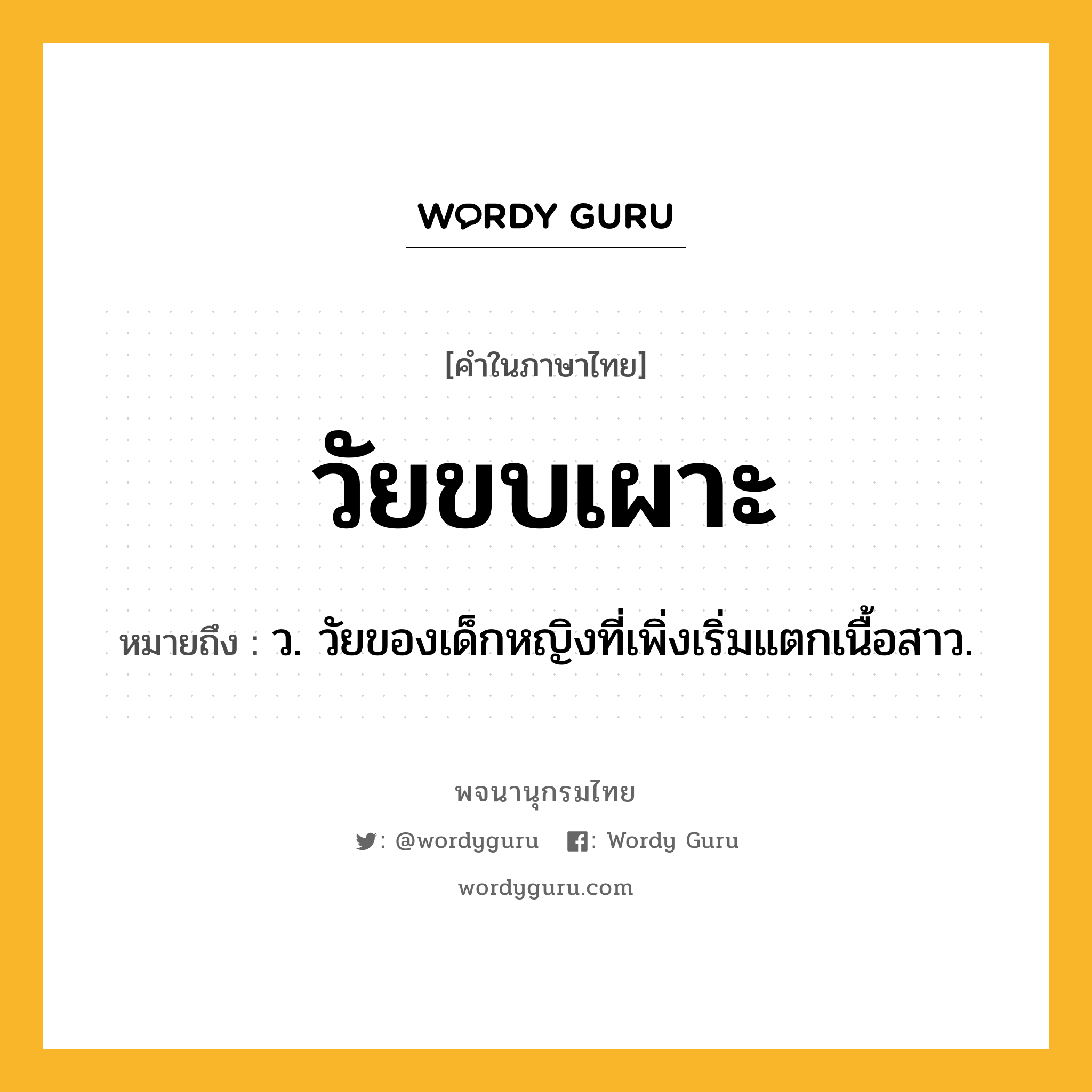 วัยขบเผาะ หมายถึงอะไร?, คำในภาษาไทย วัยขบเผาะ หมายถึง ว. วัยของเด็กหญิงที่เพิ่งเริ่มแตกเนื้อสาว.