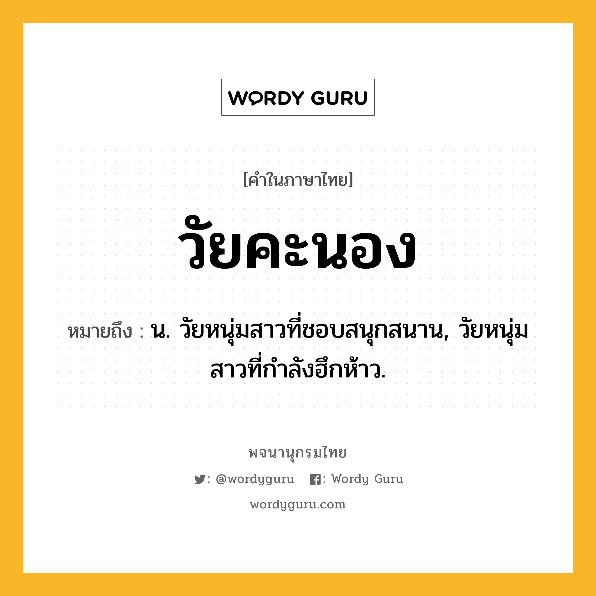 วัยคะนอง หมายถึงอะไร?, คำในภาษาไทย วัยคะนอง หมายถึง น. วัยหนุ่มสาวที่ชอบสนุกสนาน, วัยหนุ่มสาวที่กำลังฮึกห้าว.