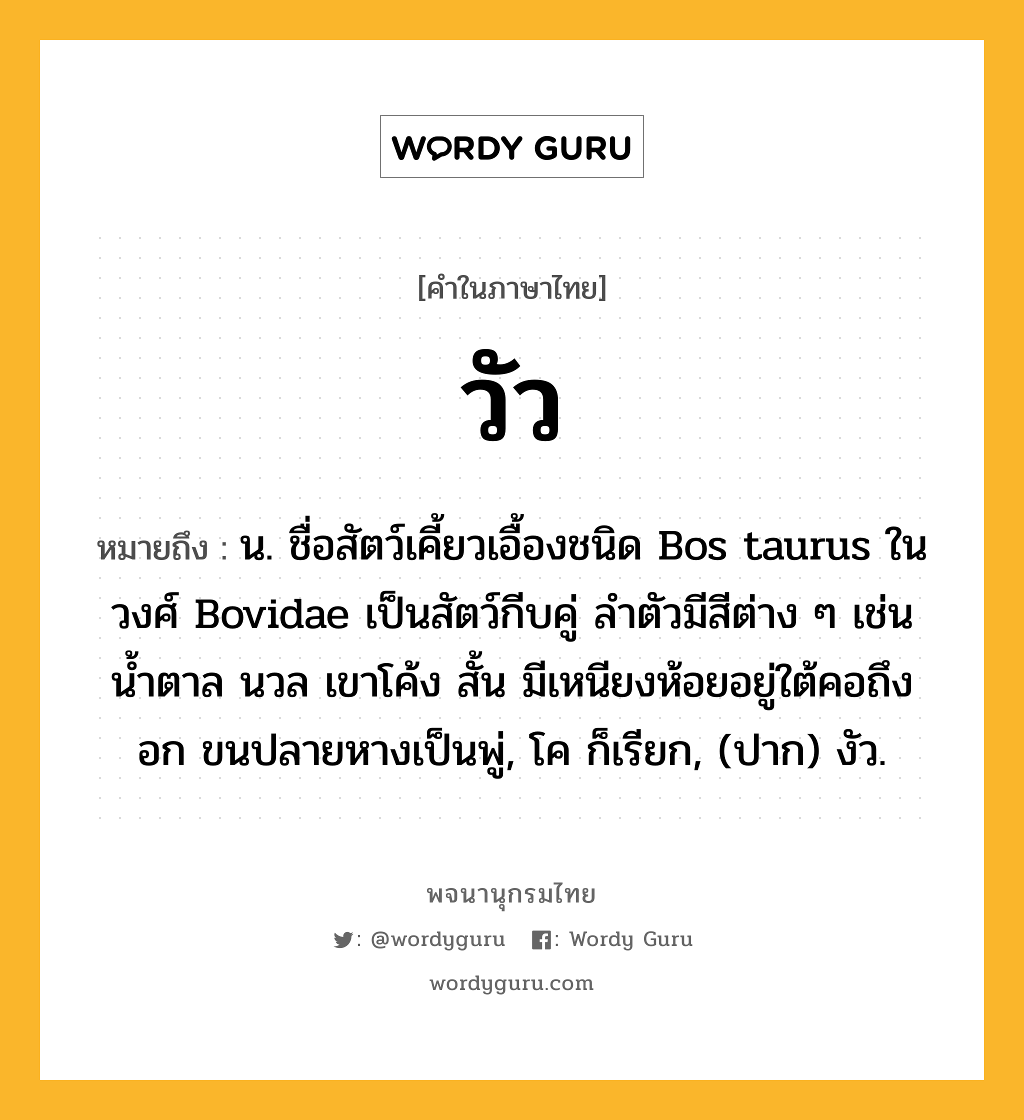 วัว หมายถึงอะไร?, คำในภาษาไทย วัว หมายถึง น. ชื่อสัตว์เคี้ยวเอื้องชนิด Bos taurus ในวงศ์ Bovidae เป็นสัตว์กีบคู่ ลำตัวมีสีต่าง ๆ เช่น นํ้าตาล นวล เขาโค้ง สั้น มีเหนียงห้อยอยู่ใต้คอถึงอก ขนปลายหางเป็นพู่, โค ก็เรียก, (ปาก) งัว.