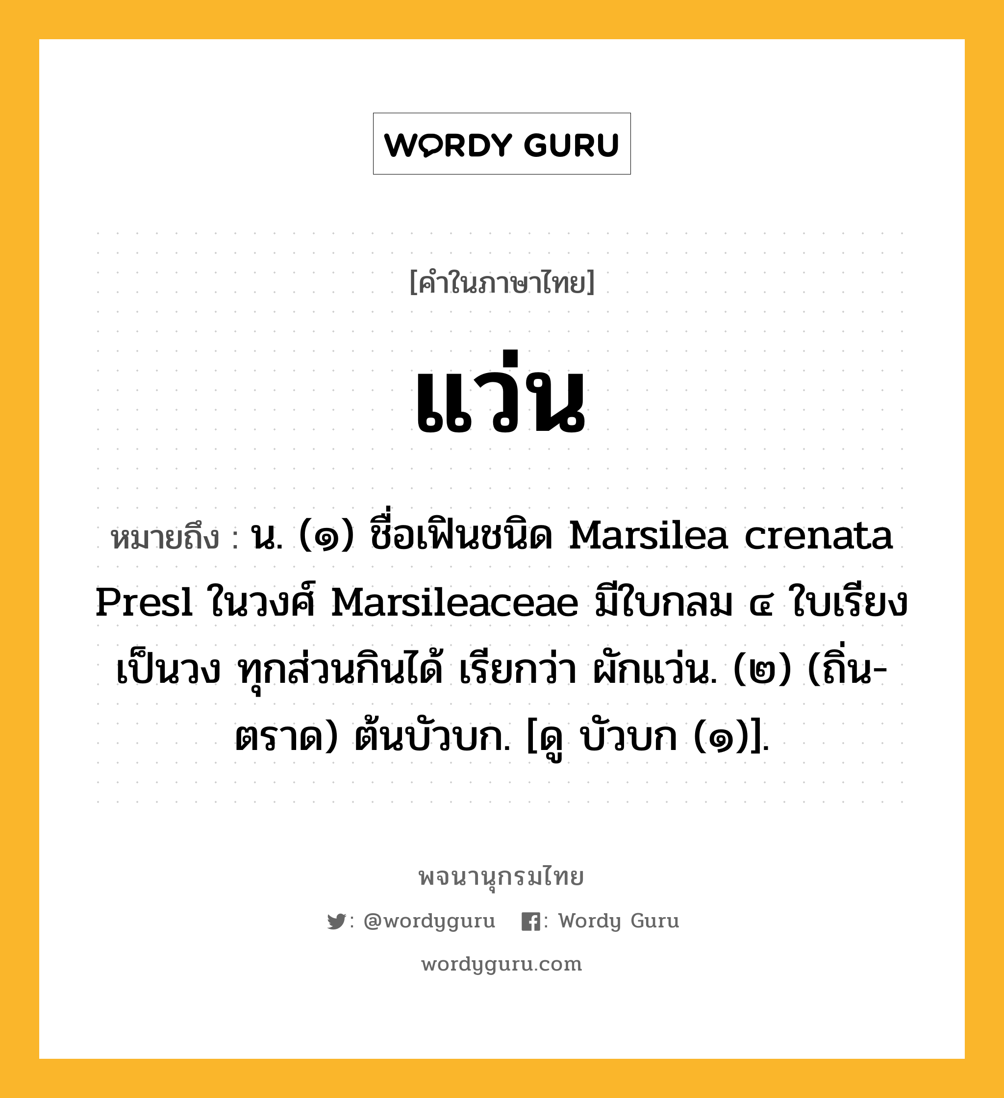 แว่น หมายถึงอะไร?, คำในภาษาไทย แว่น หมายถึง น. (๑) ชื่อเฟินชนิด Marsilea crenata Presl ในวงศ์ Marsileaceae มีใบกลม ๔ ใบเรียงเป็นวง ทุกส่วนกินได้ เรียกว่า ผักแว่น. (๒) (ถิ่น-ตราด) ต้นบัวบก. [ดู บัวบก (๑)].