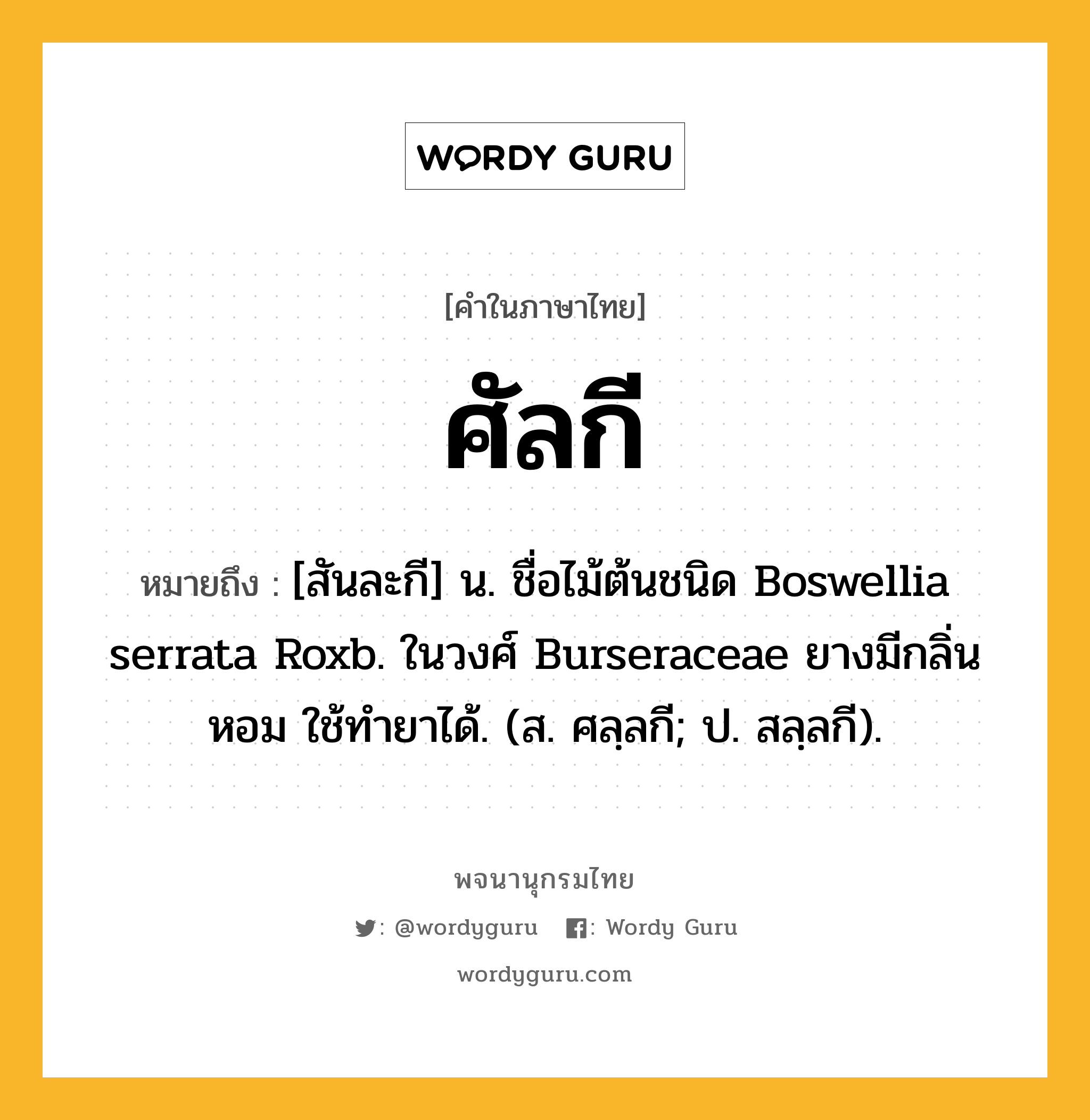 ศัลกี ความหมาย หมายถึงอะไร?, คำในภาษาไทย ศัลกี หมายถึง [สันละกี] น. ชื่อไม้ต้นชนิด Boswellia serrata Roxb. ในวงศ์ Burseraceae ยางมีกลิ่นหอม ใช้ทํายาได้. (ส. ศลฺลกี; ป. สลฺลกี).