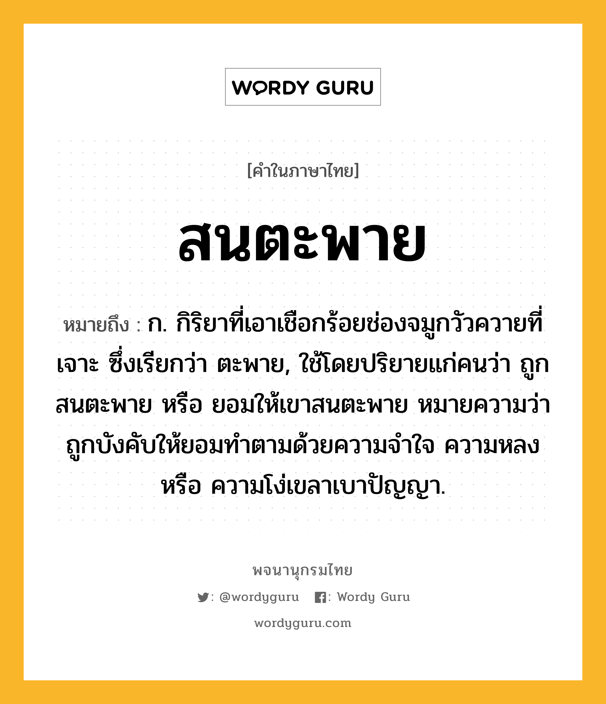 สนตะพาย หมายถึงอะไร?, คำในภาษาไทย สนตะพาย หมายถึง ก. กิริยาที่เอาเชือกร้อยช่องจมูกวัวควายที่เจาะ ซึ่งเรียกว่า ตะพาย, ใช้โดยปริยายแก่คนว่า ถูกสนตะพาย หรือ ยอมให้เขาสนตะพาย หมายความว่า ถูกบังคับให้ยอมทําตามด้วยความจําใจ ความหลง หรือ ความโง่เขลาเบาปัญญา.