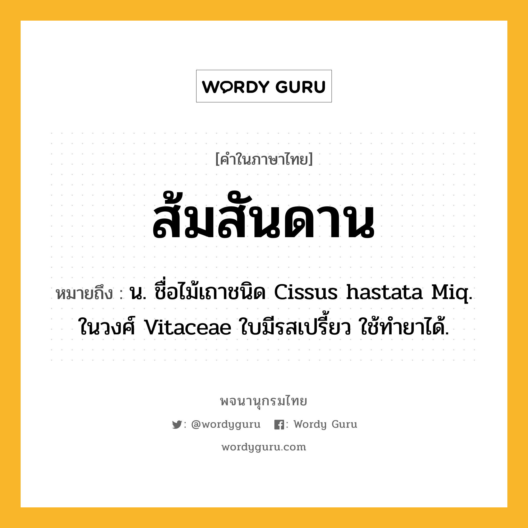 ส้มสันดาน หมายถึงอะไร?, คำในภาษาไทย ส้มสันดาน หมายถึง น. ชื่อไม้เถาชนิด Cissus hastata Miq. ในวงศ์ Vitaceae ใบมีรสเปรี้ยว ใช้ทํายาได้.