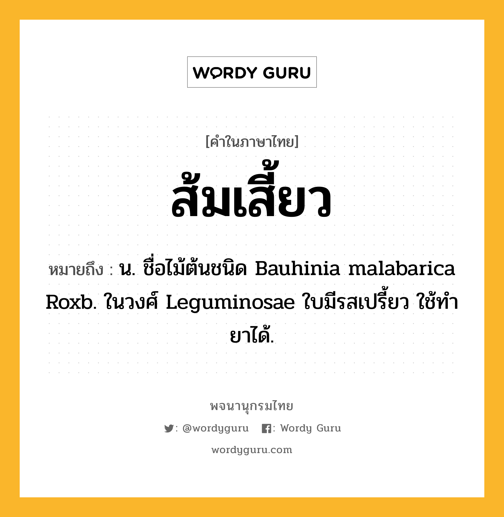 ส้มเสี้ยว หมายถึงอะไร?, คำในภาษาไทย ส้มเสี้ยว หมายถึง น. ชื่อไม้ต้นชนิด Bauhinia malabarica Roxb. ในวงศ์ Leguminosae ใบมีรสเปรี้ยว ใช้ทํายาได้.