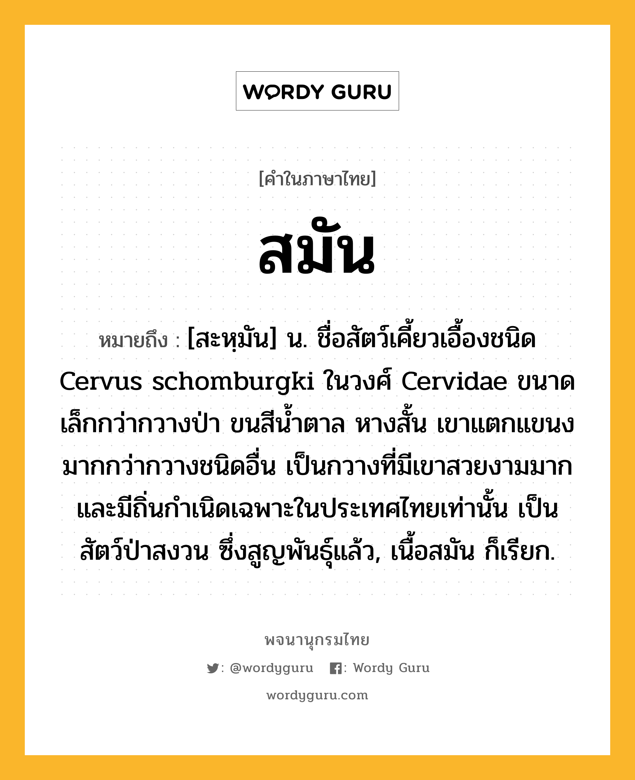 สมัน หมายถึงอะไร?, คำในภาษาไทย สมัน หมายถึง [สะหฺมัน] น. ชื่อสัตว์เคี้ยวเอื้องชนิด Cervus schomburgki ในวงศ์ Cervidae ขนาดเล็กกว่ากวางป่า ขนสีนํ้าตาล หางสั้น เขาแตกแขนงมากกว่ากวางชนิดอื่น เป็นกวางที่มีเขาสวยงามมาก และมีถิ่นกําเนิดเฉพาะในประเทศไทยเท่านั้น เป็นสัตว์ป่าสงวน ซึ่งสูญพันธุ์แล้ว, เนื้อสมัน ก็เรียก.