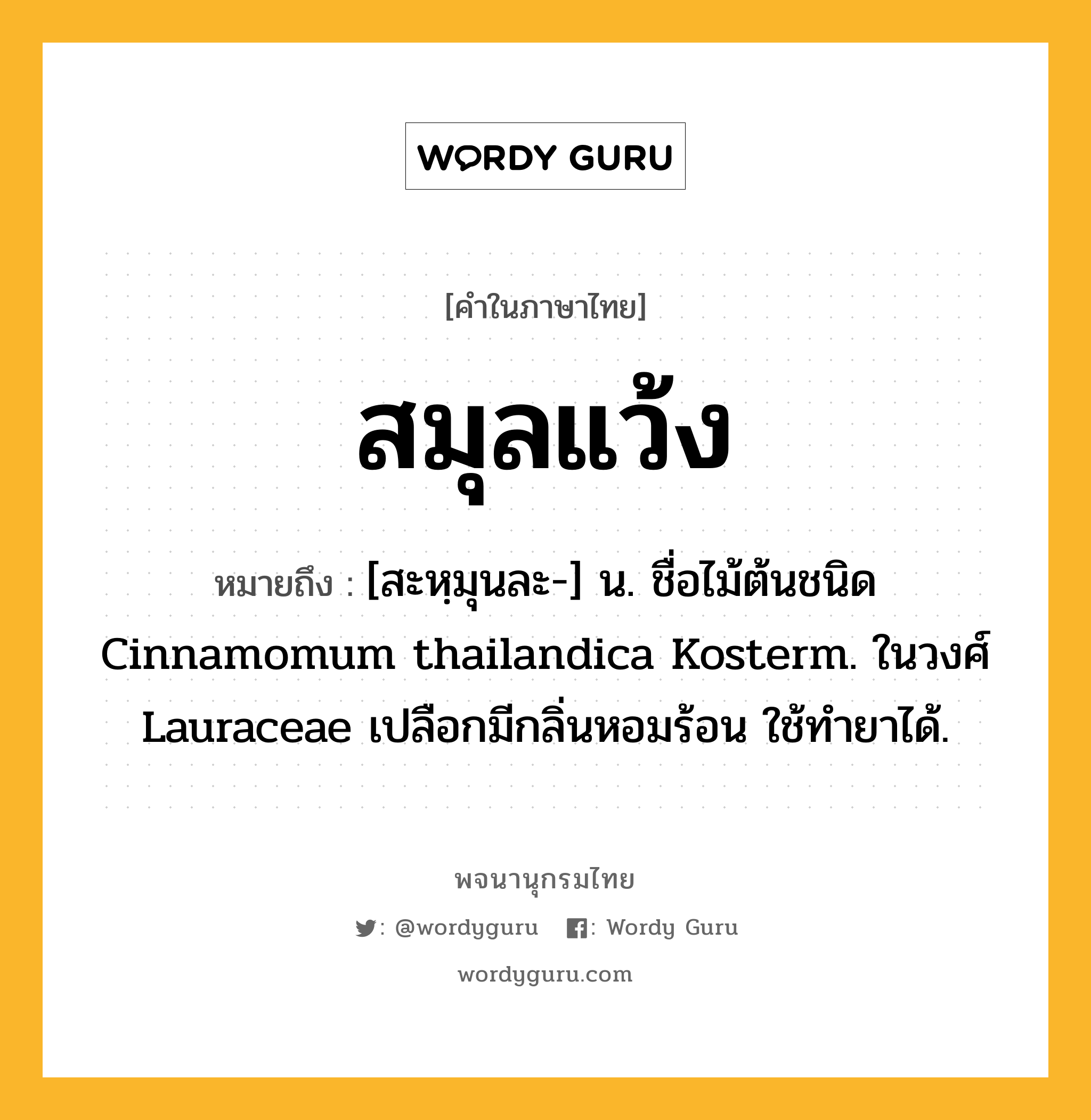 สมุลแว้ง หมายถึงอะไร?, คำในภาษาไทย สมุลแว้ง หมายถึง [สะหฺมุนละ-] น. ชื่อไม้ต้นชนิด Cinnamomum thailandica Kosterm. ในวงศ์ Lauraceae เปลือกมีกลิ่นหอมร้อน ใช้ทํายาได้.