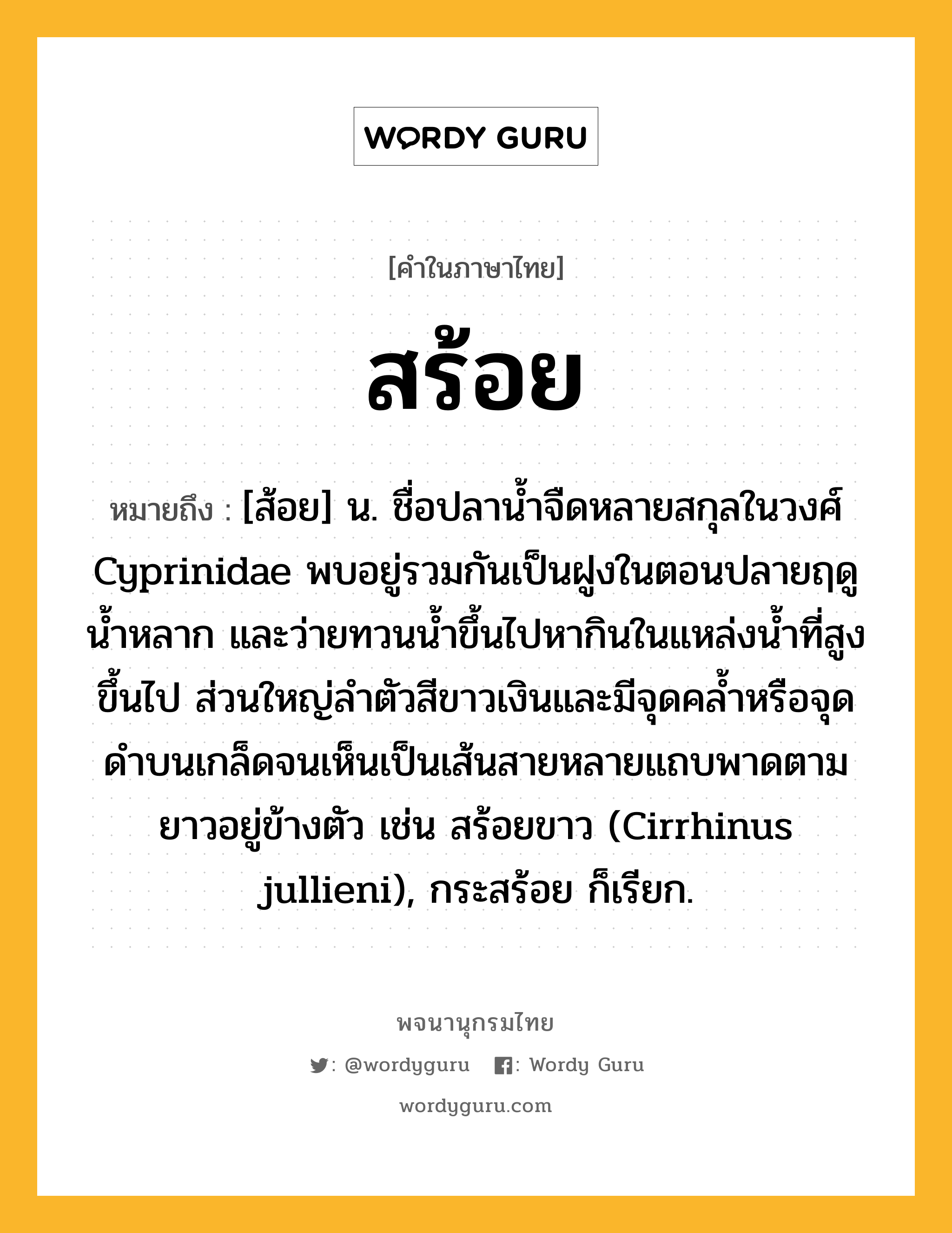 สร้อย หมายถึงอะไร?, คำในภาษาไทย สร้อย หมายถึง [ส้อย] น. ชื่อปลานํ้าจืดหลายสกุลในวงศ์ Cyprinidae พบอยู่รวมกันเป็นฝูงในตอนปลายฤดูนํ้าหลาก และว่ายทวนนํ้าขึ้นไปหากินในแหล่งนํ้าที่สูงขึ้นไป ส่วนใหญ่ลําตัวสีขาวเงินและมีจุดคลํ้าหรือจุดดําบนเกล็ดจนเห็นเป็นเส้นสายหลายแถบพาดตามยาวอยู่ข้างตัว เช่น สร้อยขาว (Cirrhinus jullieni), กระสร้อย ก็เรียก.