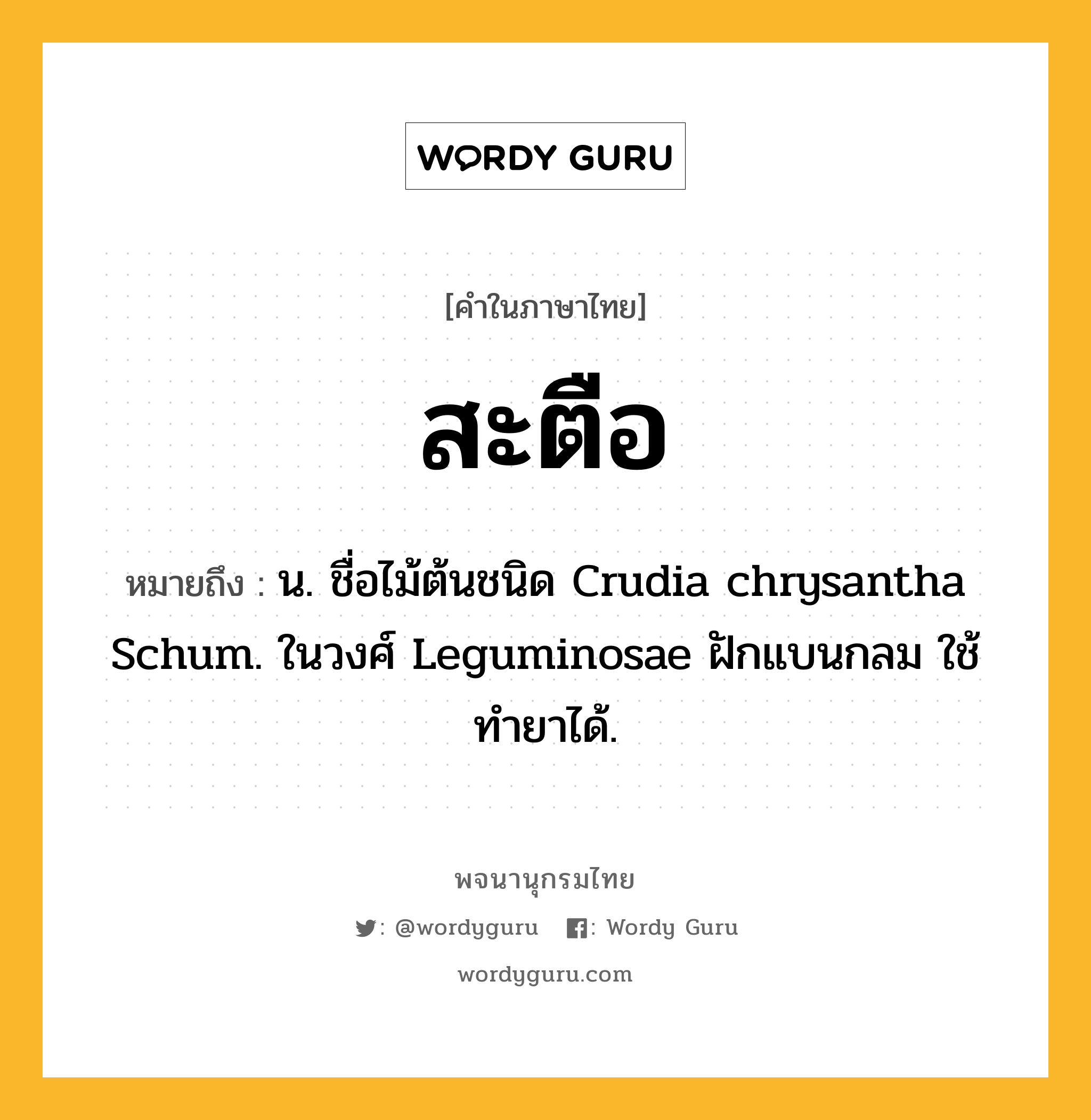 สะตือ ความหมาย หมายถึงอะไร?, คำในภาษาไทย สะตือ หมายถึง น. ชื่อไม้ต้นชนิด Crudia chrysantha Schum. ในวงศ์ Leguminosae ฝักแบนกลม ใช้ทํายาได้.