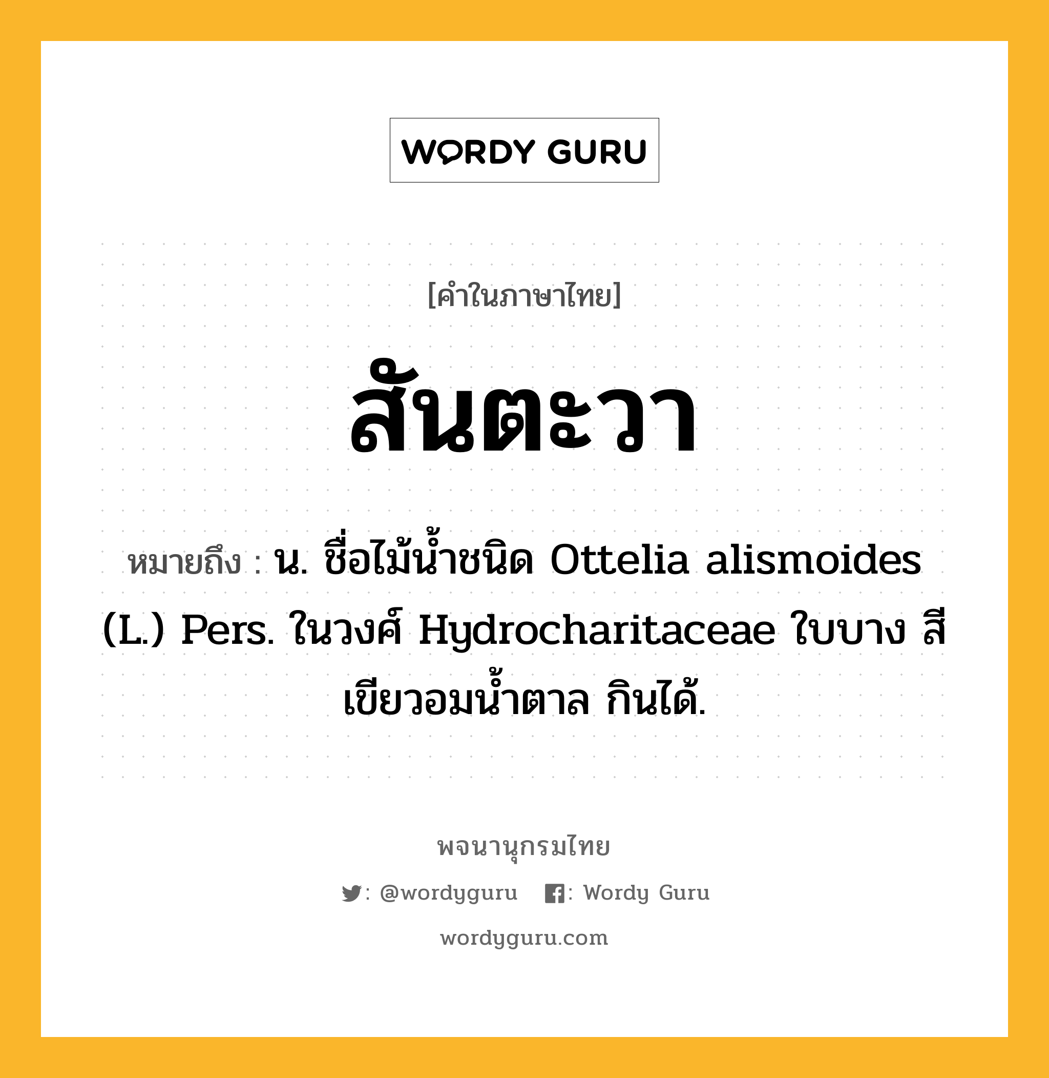 สันตะวา หมายถึงอะไร?, คำในภาษาไทย สันตะวา หมายถึง น. ชื่อไม้นํ้าชนิด Ottelia alismoides (L.) Pers. ในวงศ์ Hydrocharitaceae ใบบาง สีเขียวอมนํ้าตาล กินได้.