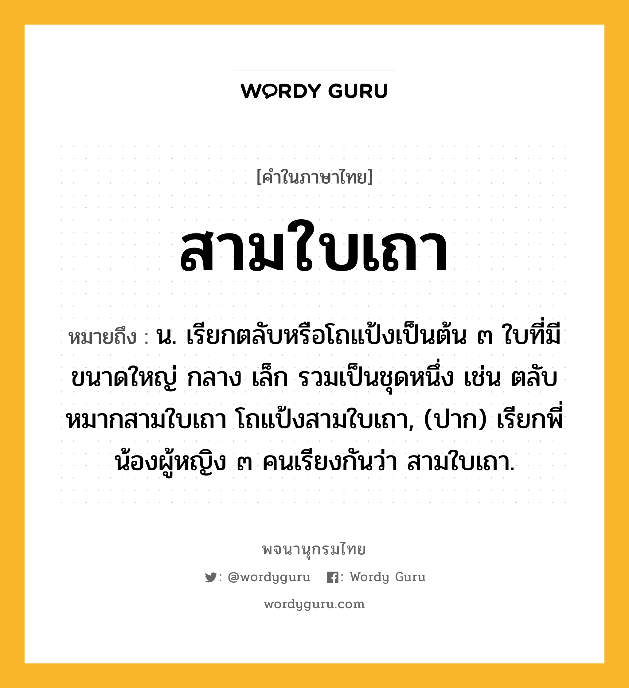 สามใบเถา หมายถึงอะไร?, คำในภาษาไทย สามใบเถา หมายถึง น. เรียกตลับหรือโถแป้งเป็นต้น ๓ ใบที่มีขนาดใหญ่ กลาง เล็ก รวมเป็นชุดหนึ่ง เช่น ตลับหมากสามใบเถา โถแป้งสามใบเถา, (ปาก) เรียกพี่น้องผู้หญิง ๓ คนเรียงกันว่า สามใบเถา.