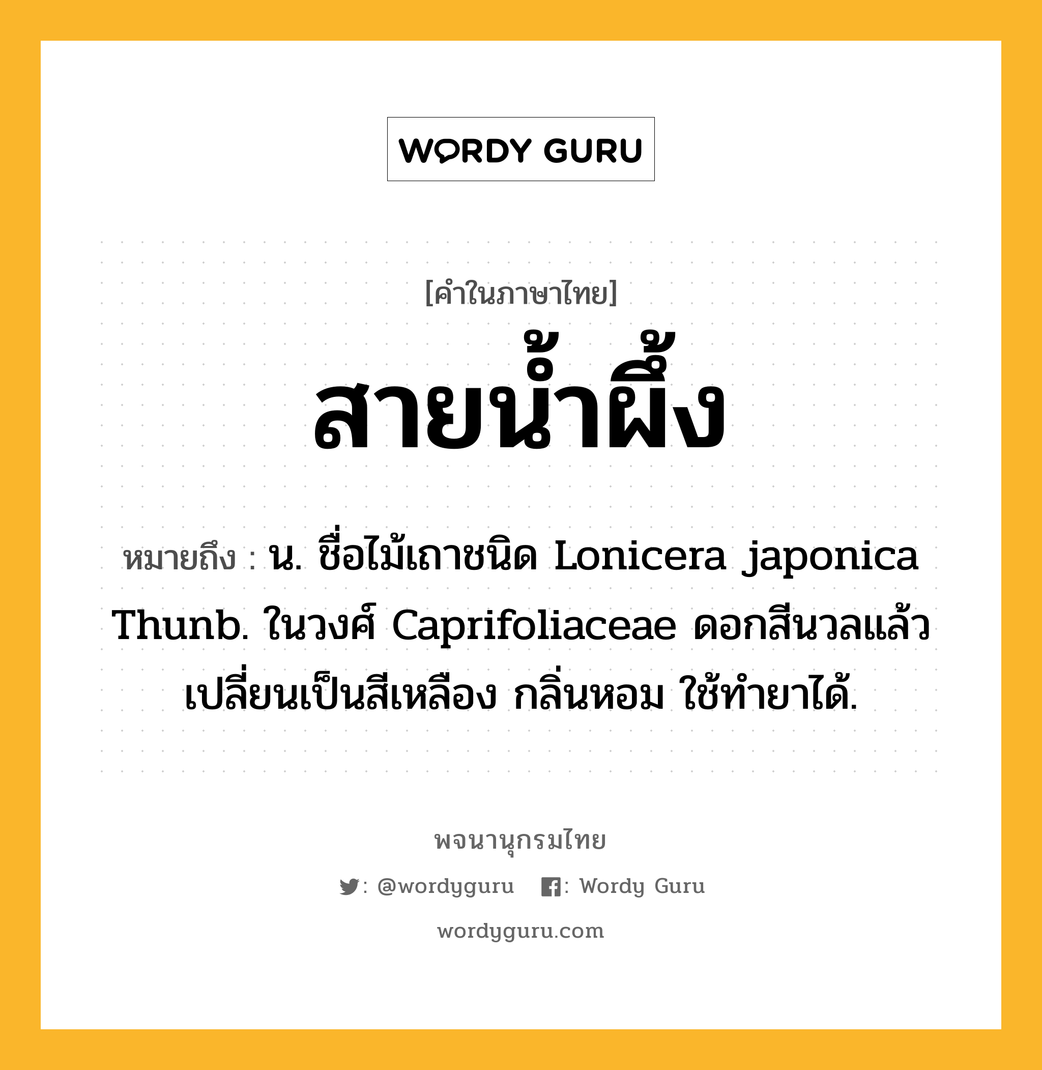 สายน้ำผึ้ง หมายถึงอะไร?, คำในภาษาไทย สายน้ำผึ้ง หมายถึง น. ชื่อไม้เถาชนิด Lonicera japonica Thunb. ในวงศ์ Caprifoliaceae ดอกสีนวลแล้วเปลี่ยนเป็นสีเหลือง กลิ่นหอม ใช้ทํายาได้.