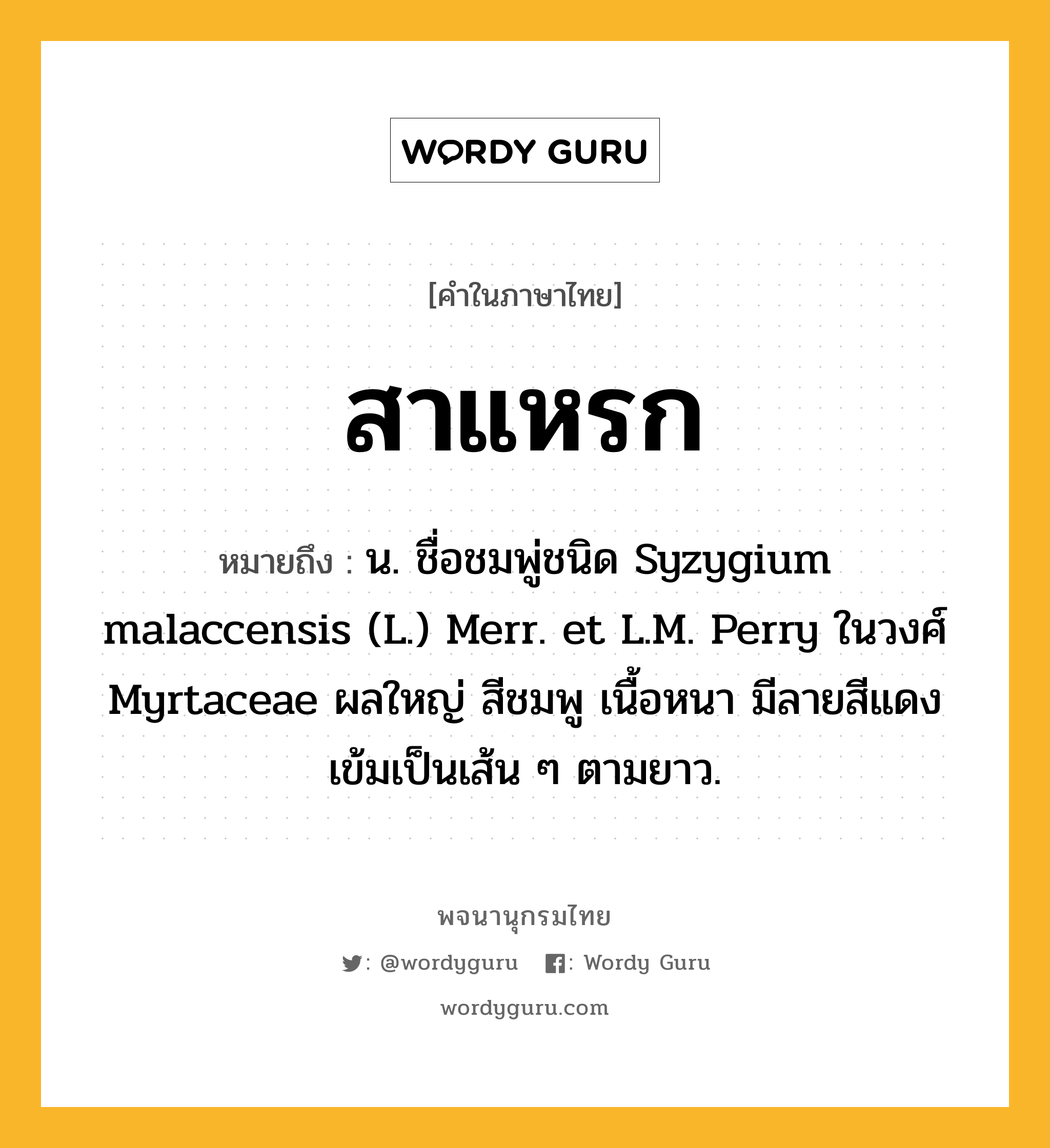 สาแหรก หมายถึงอะไร?, คำในภาษาไทย สาแหรก หมายถึง น. ชื่อชมพู่ชนิด Syzygium malaccensis (L.) Merr. et L.M. Perry ในวงศ์ Myrtaceae ผลใหญ่ สีชมพู เนื้อหนา มีลายสีแดงเข้มเป็นเส้น ๆ ตามยาว.