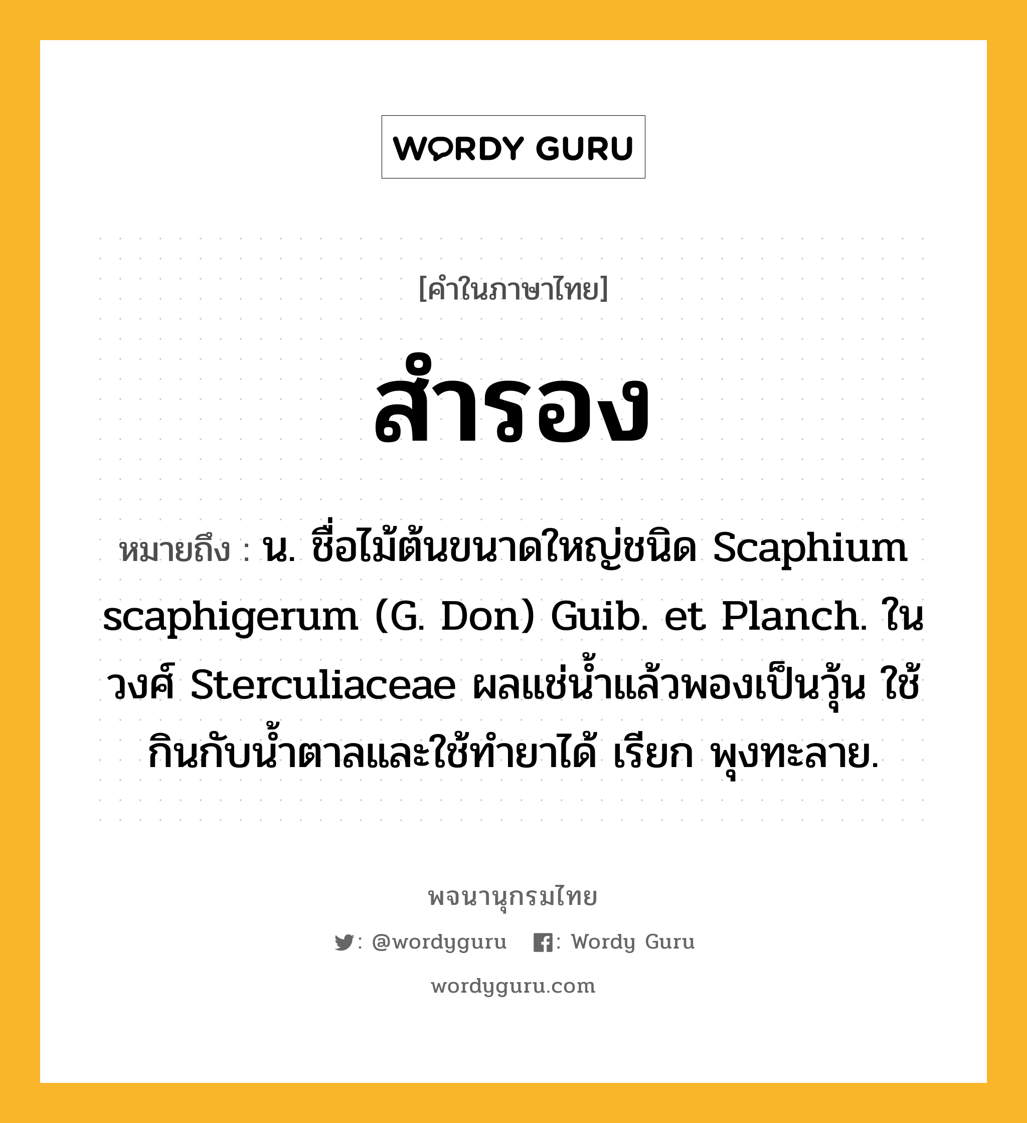 สำรอง หมายถึงอะไร?, คำในภาษาไทย สำรอง หมายถึง น. ชื่อไม้ต้นขนาดใหญ่ชนิด Scaphium scaphigerum (G. Don) Guib. et Planch. ในวงศ์ Sterculiaceae ผลแช่นํ้าแล้วพองเป็นวุ้น ใช้กินกับนํ้าตาลและใช้ทํายาได้ เรียก พุงทะลาย.