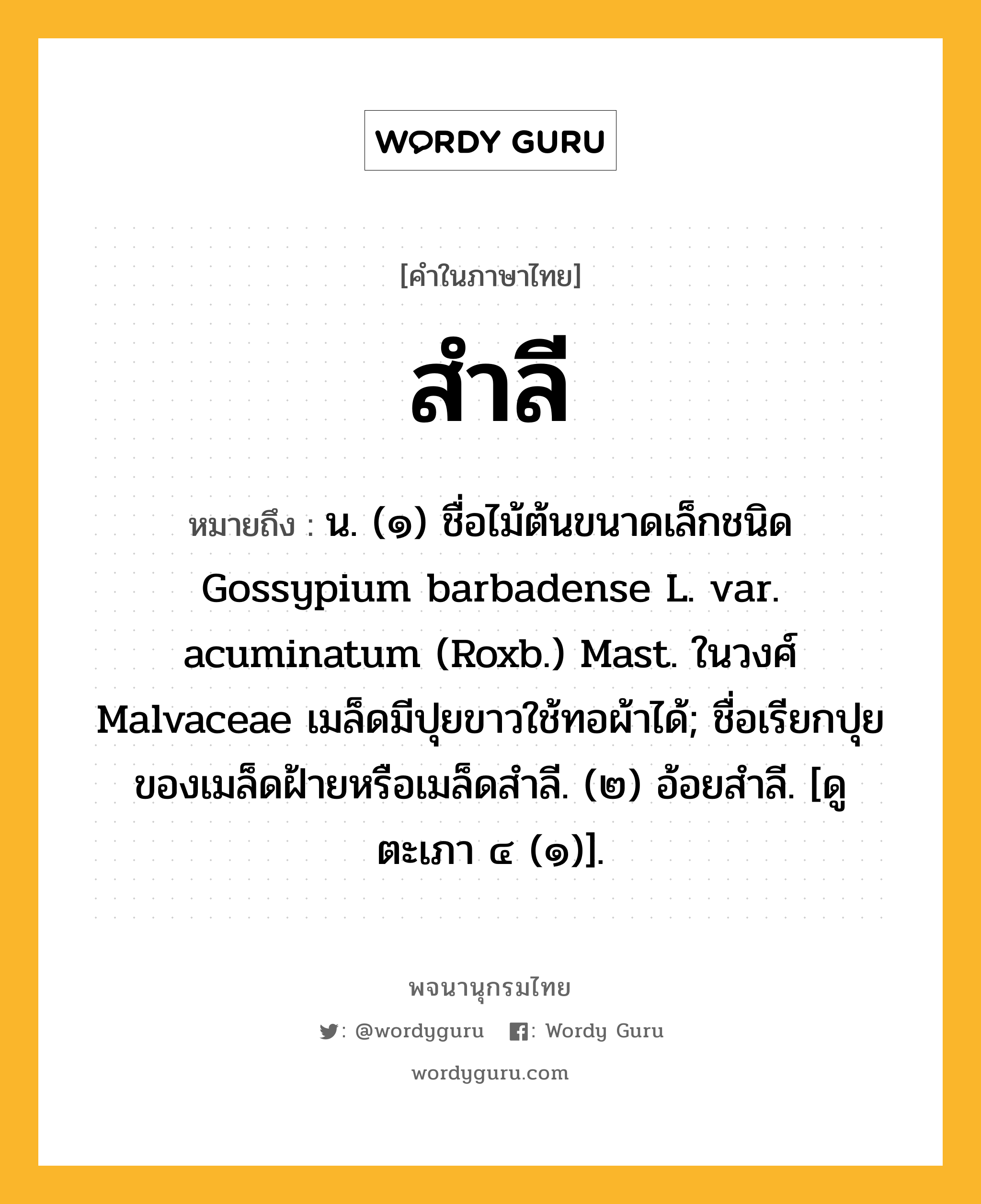 สำลี ความหมาย หมายถึงอะไร?, คำในภาษาไทย สำลี หมายถึง น. (๑) ชื่อไม้ต้นขนาดเล็กชนิด Gossypium barbadense L. var. acuminatum (Roxb.) Mast. ในวงศ์ Malvaceae เมล็ดมีปุยขาวใช้ทอผ้าได้; ชื่อเรียกปุยของเมล็ดฝ้ายหรือเมล็ดสําลี. (๒) อ้อยสําลี. [ดู ตะเภา ๔ (๑)].