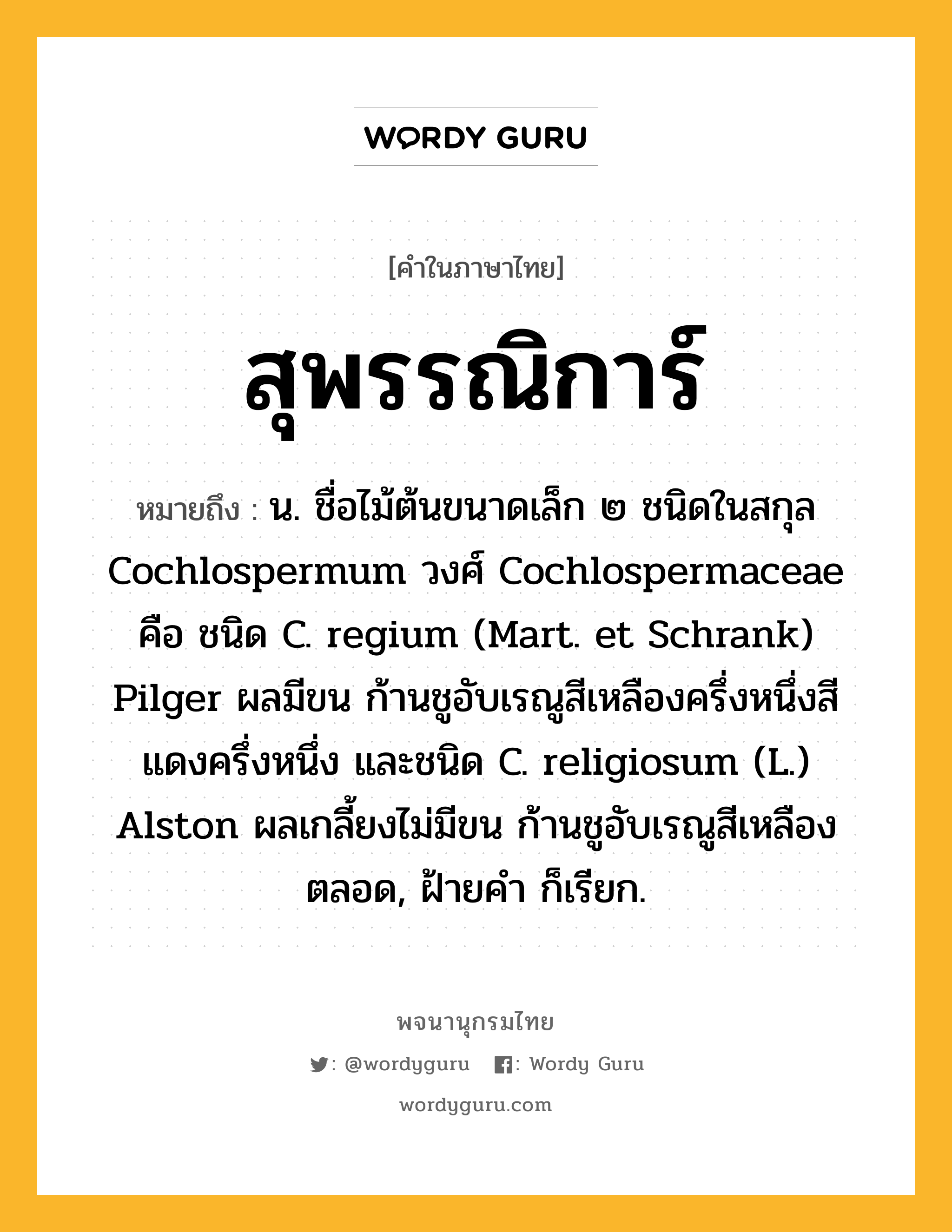 สุพรรณิการ์ หมายถึงอะไร?, คำในภาษาไทย สุพรรณิการ์ หมายถึง น. ชื่อไม้ต้นขนาดเล็ก ๒ ชนิดในสกุล Cochlospermum วงศ์ Cochlospermaceae คือ ชนิด C. regium (Mart. et Schrank) Pilger ผลมีขน ก้านชูอับเรณูสีเหลืองครึ่งหนึ่งสีแดงครึ่งหนึ่ง และชนิด C. religiosum (L.) Alston ผลเกลี้ยงไม่มีขน ก้านชูอับเรณูสีเหลืองตลอด, ฝ้ายคํา ก็เรียก.